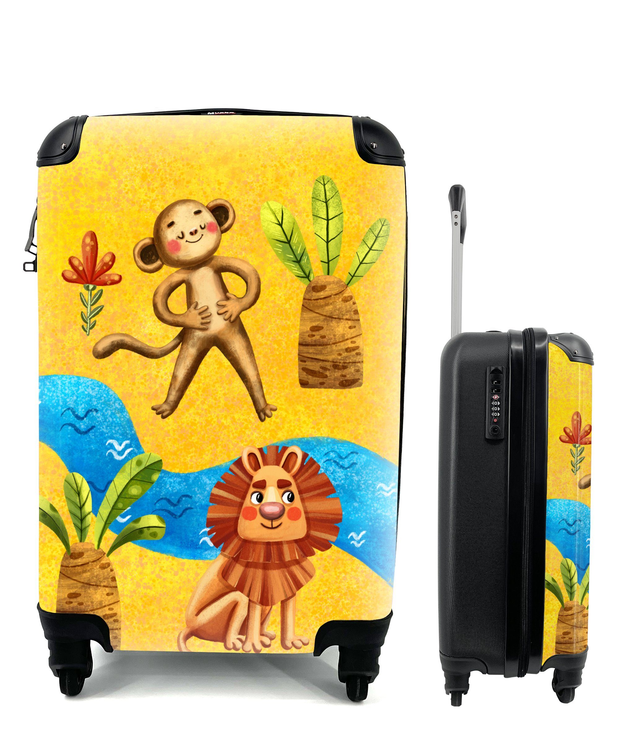 MuchoWow Handgepäckkoffer Affe - Löwe - Palme - Wasser, 4 Rollen, Reisetasche mit rollen, Handgepäck für Ferien, Trolley, Reisekoffer