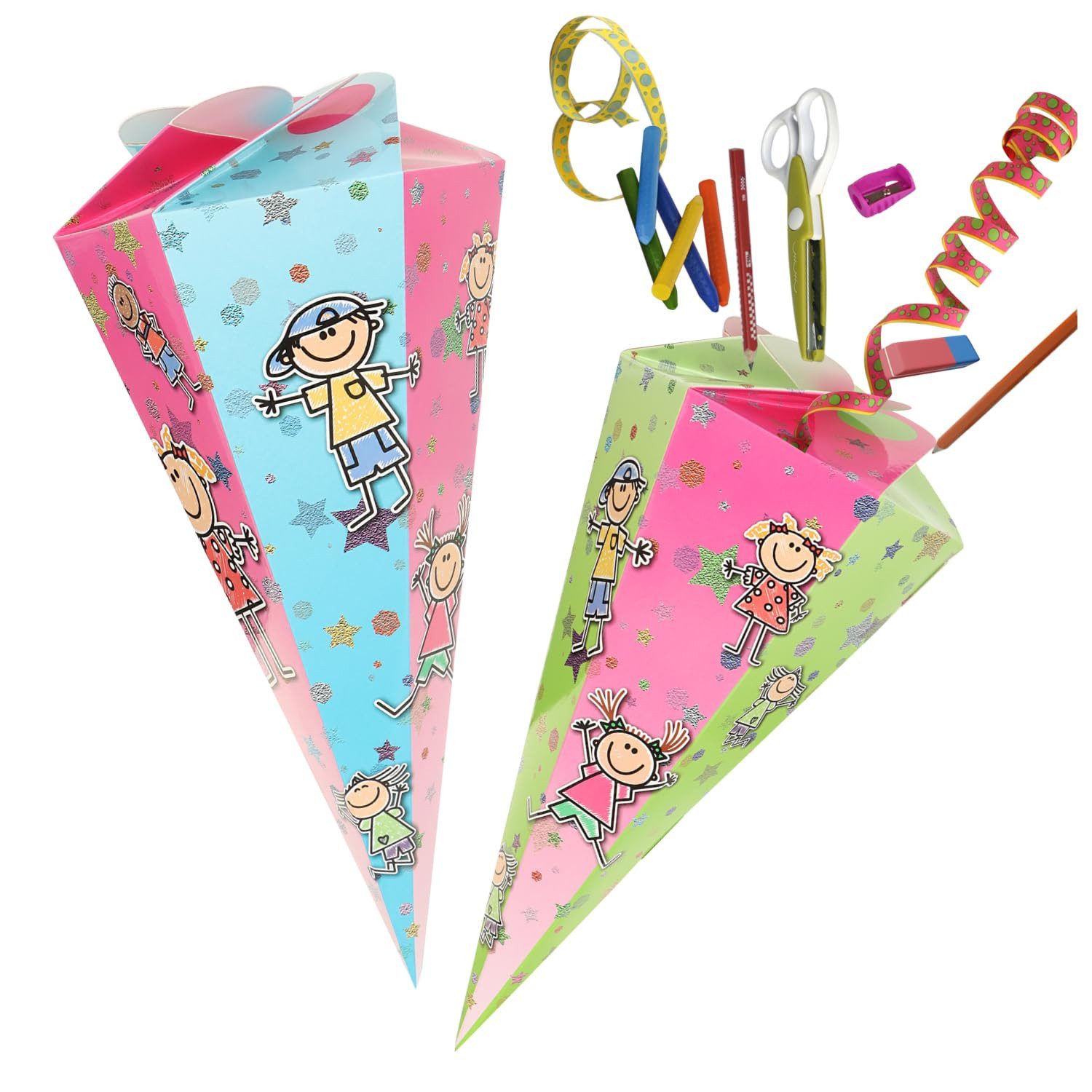 com-four Schultüte Schultüte, Geschwisterschultüten aus Pappe, faltbare Zuckertüte für die Einschulung zum Schulanfang
