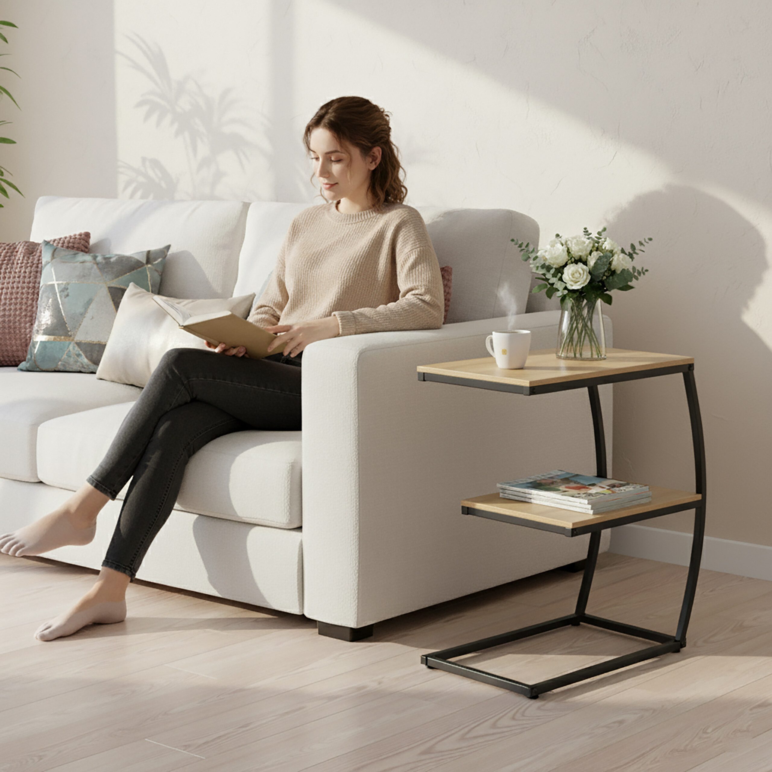 Relaxdays Beistelltisch In C-Form, 60x55x35 Cm – Eisengestell, MDF-Platte, Schwarz, Bis 15 Kg Belastbar
