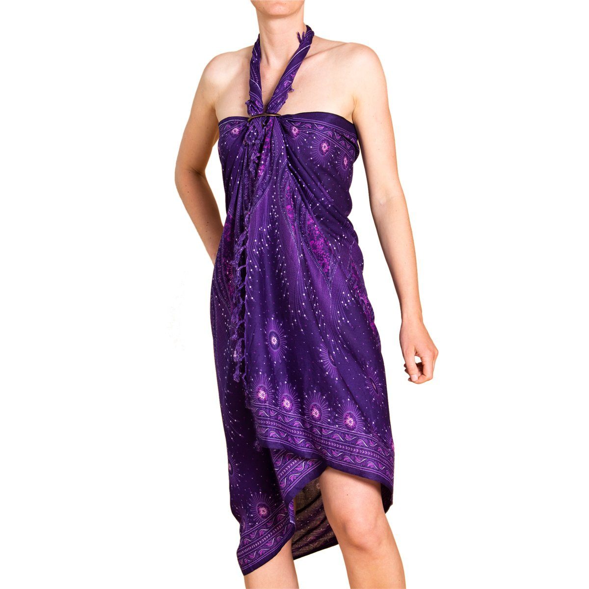 PANASIAM Pareo Sarong Peacock Design aus hochwertiger Viskose Strandtuch Wrap, Strandkleid Bikini Cover-up Tuch für den Strand Schultertuch Halstuch V23 purple