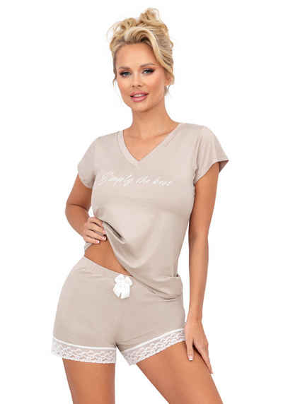 Donna Shorty Schlafanzug kurz unifarben T-Shirt Shorts mit Spitze (Set, 2 tlg., 1 Stück) premium Viskose, Made in Europa