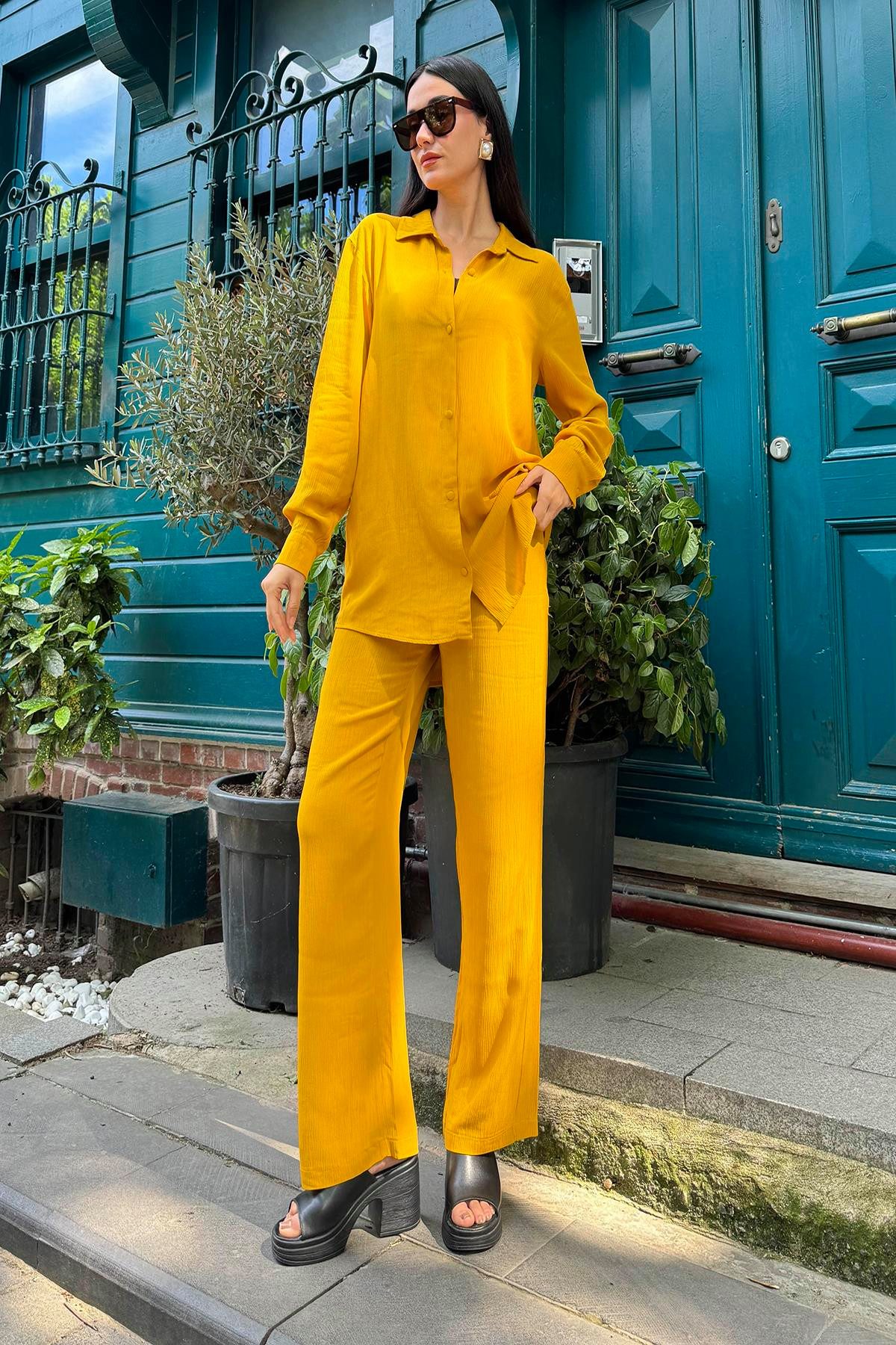 For You Moda Blusentop 3-teiliges Senf-Viskose-Crinkle-Bustier-Set günstig online kaufen