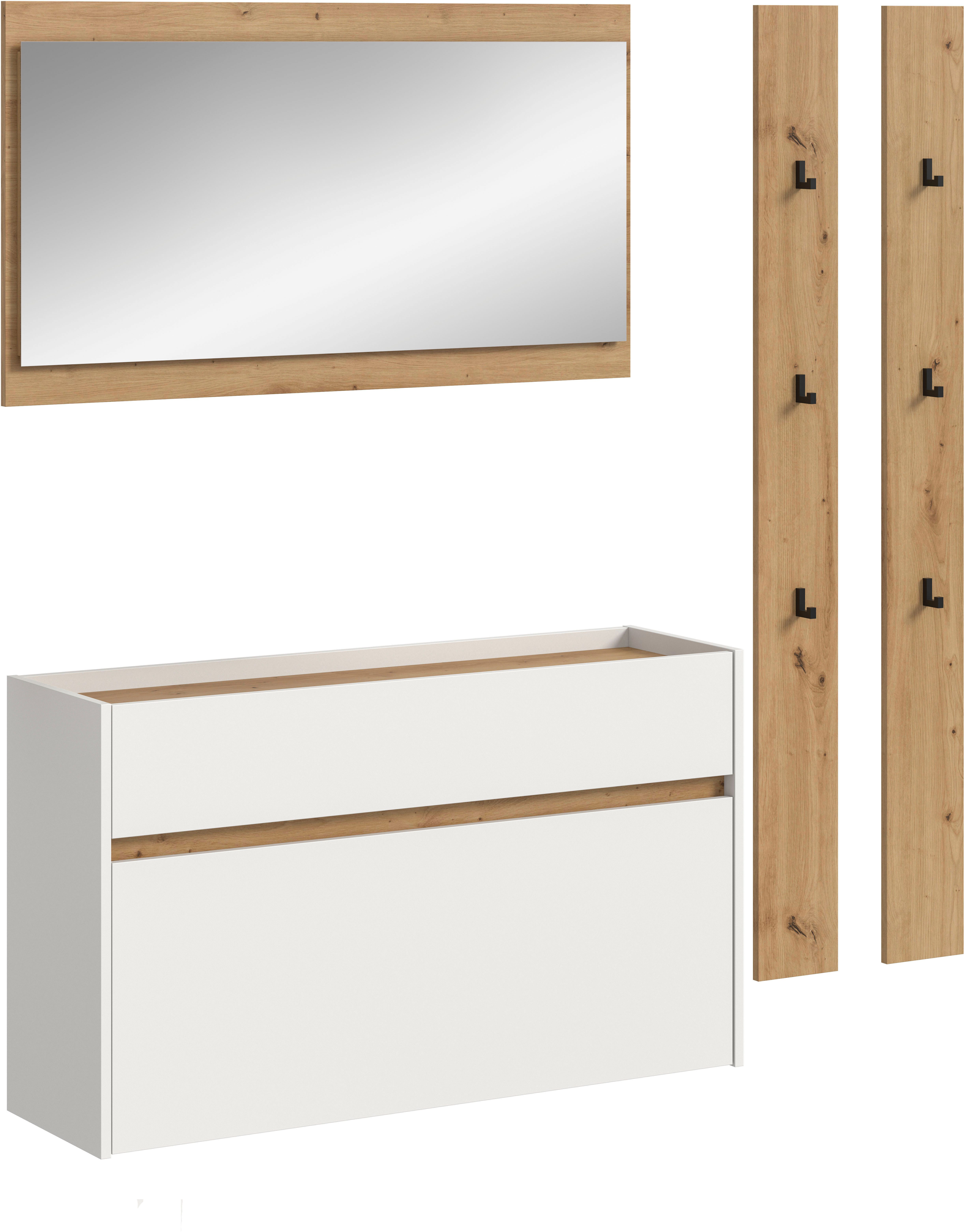 Home affaire Garderoben-Set EVRID, 4-teilig, Breite 172 cm, individuell hängbar & erweiterbar, (4-St., best. aus: Kommode, Spiegel & 2x Hakenleiste), Garderobenkombination, Garderobe, Wandgarderobe, Flur, Diele