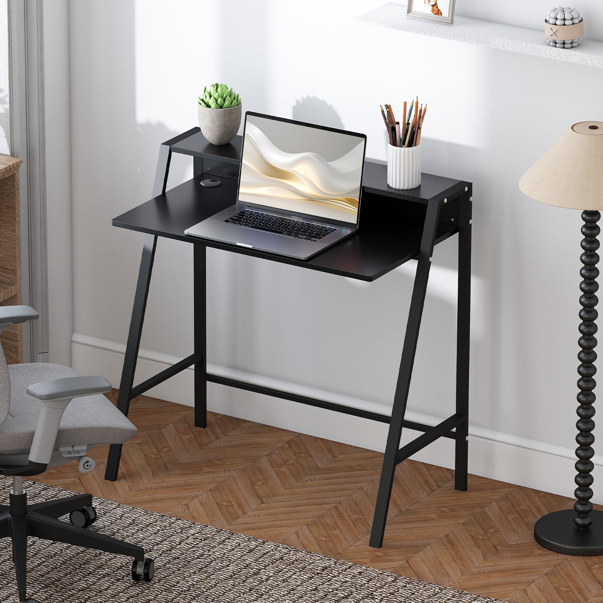 HOMCOM Schreibtisch Schreibtisch mit Ablage & Kabelmanagement, Metallgestell (Computertisch, 1-St., Bürotisch), Metall Schwarz 84 x 45 x 85 cm