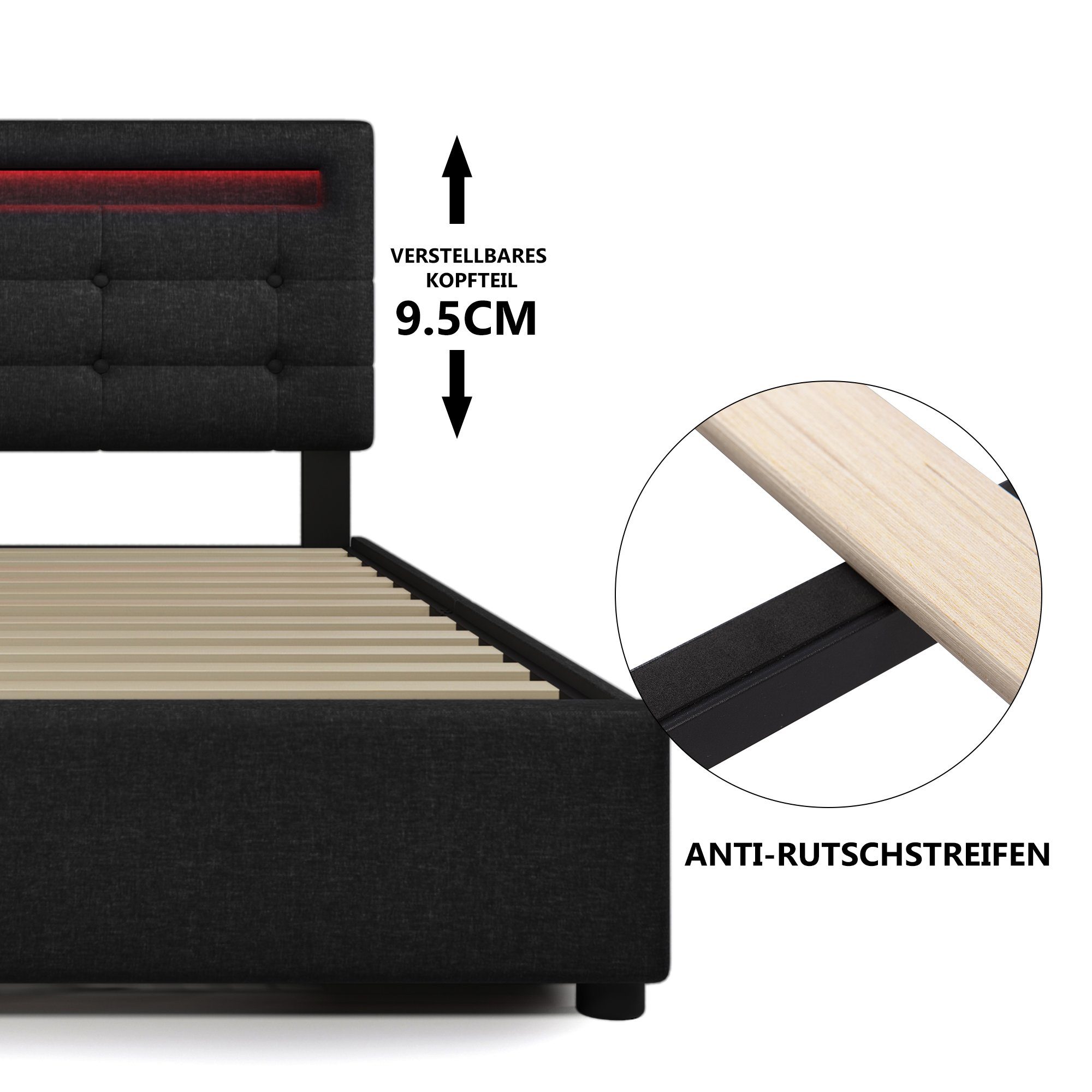 Polsterbett (mit LED-Beleuchtung, Fernbedienung und verstellbarem Kopfteil), Doppelbett mit Matratze, 4 Schubladen, Leinen, 140x200cm Bett