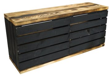 Kistenkolli Altes Land Allzweckkiste Sitzbank schwarz mit Sitzfläche aus dicken Holzplanken geflammt mit