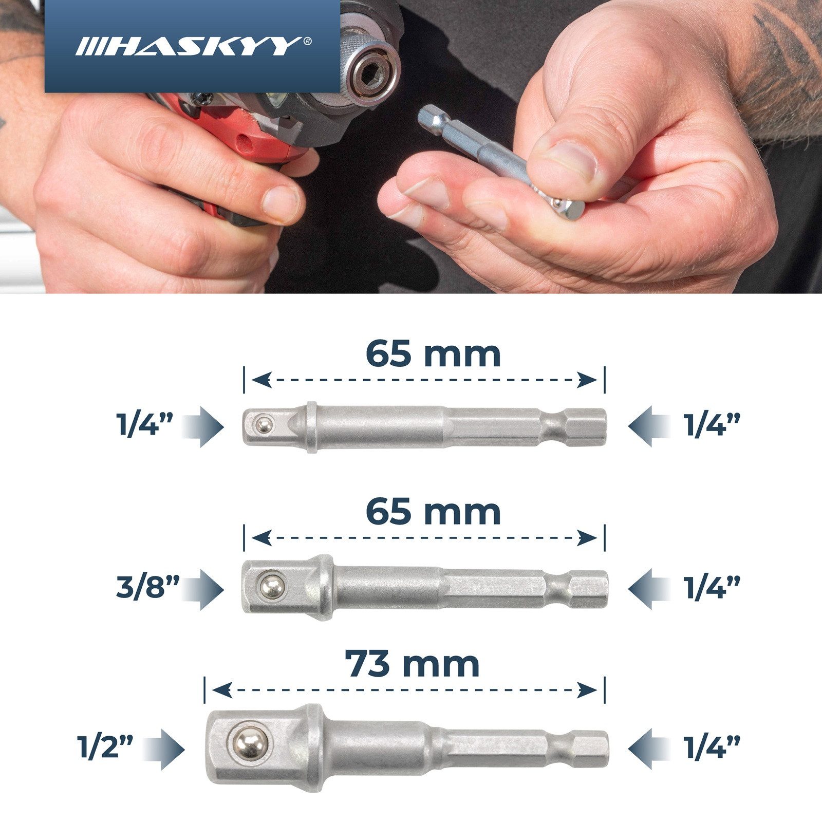 HASKYY Stecknuss Stecknuss Akkuschrauber-Adapter Set 3tlg. 1/4" 1/2" 3/8" 6-Kant Stecks – Bild 3 von 5