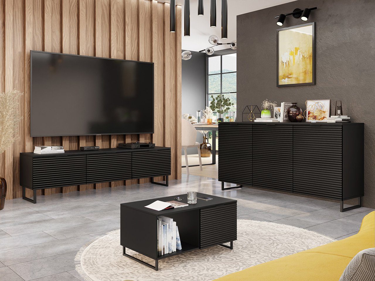 MIRJAN24 Wohnzimmer-Set Delino II, (3er-Set, Kommode, TV-Lowboard, Couchtisch), Metallgriffe in der Farbe schwarz Schwarz Graphit / Schwarz