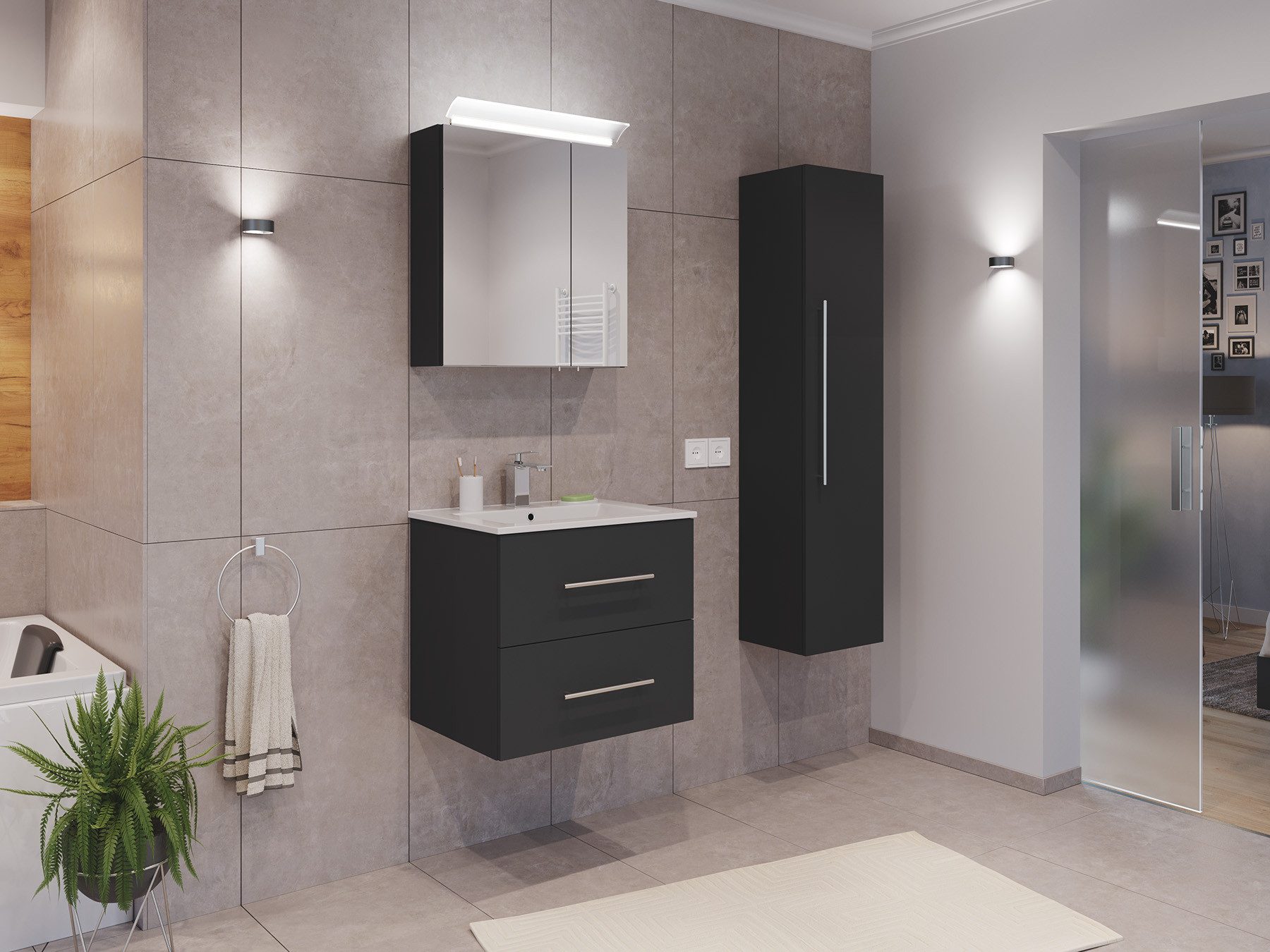Magnolia Home Waschtisch Badmöbel Set Firenze 60 3tlg. Spiegelschrank & Hochschrank grafit