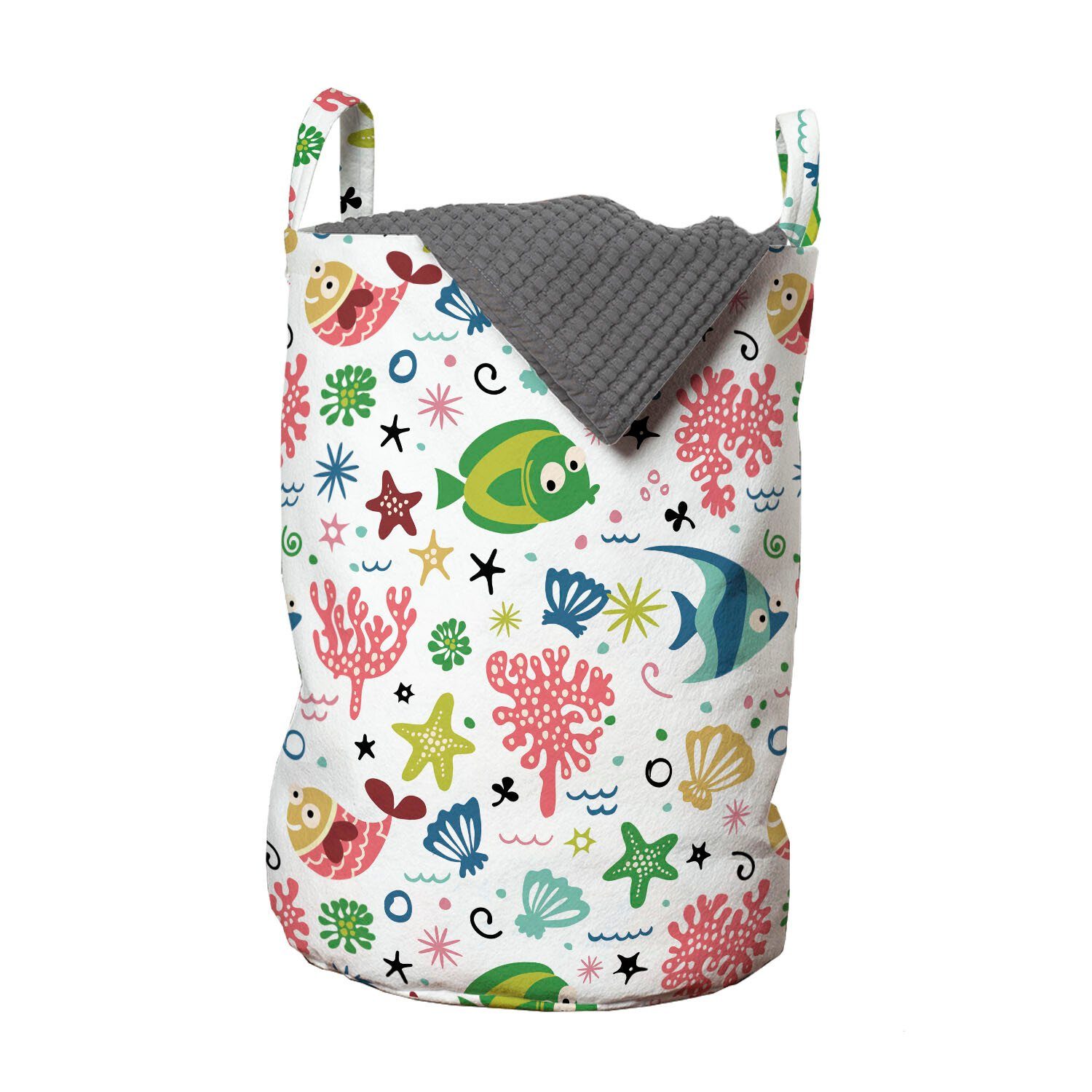 Abakuhaus Wäschesäckchen Wäschekorb mit Griffen Kordelzugverschluss für Waschsalons, Fisch Korallen und Unterwasser Creature