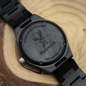 Holzwerk Quarzuhr HIRSCHTHAL Damen & Herren Holz Armband Uhr, Hirsch Logo, schwarz