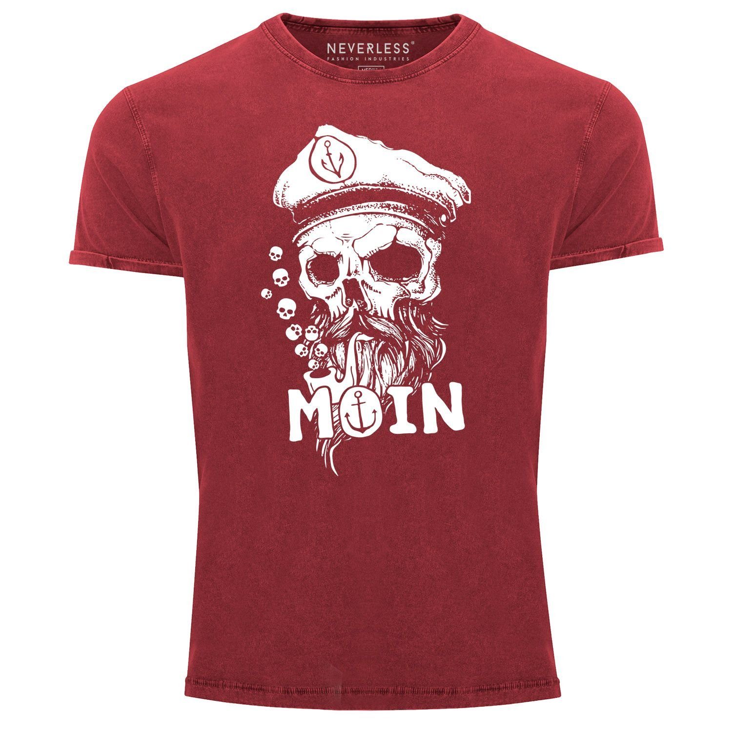 Neverless Print-Shirt Herren Vintage Shirt Moin Kapitän Totenkopf Anker Bart Hamburg Printshirt T-Shirt Aufdruck Used Look Neverless® mit Print rot