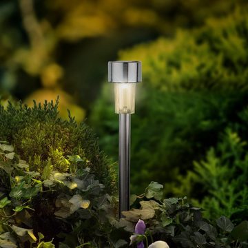 Lumineo LED Solarleuchte, LED Solarleuchte Gartenstecker 24cm Edelstahl Dauerbetrieb 6h warmweiß