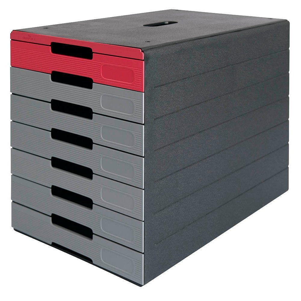 DURABLE Schubladenbox 1 Schubladenbox IDEALBOX PRO 7 - grau/rot, Schubladen herausnehmbar, Griffmulde, Stapelbar