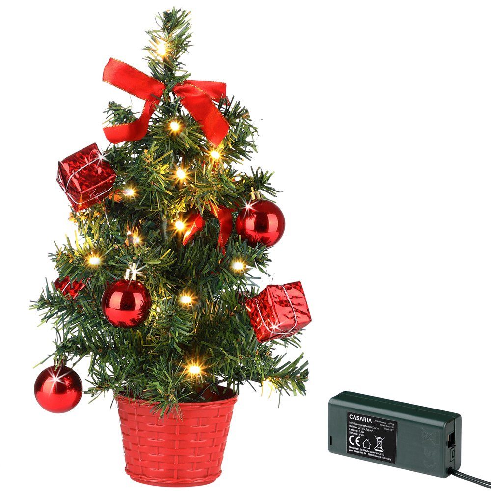 Casaria Künstlicher Weihnachtsbaum, 36 cm mit LED Lichterkette Geschmückt Rot mit Topf Mini