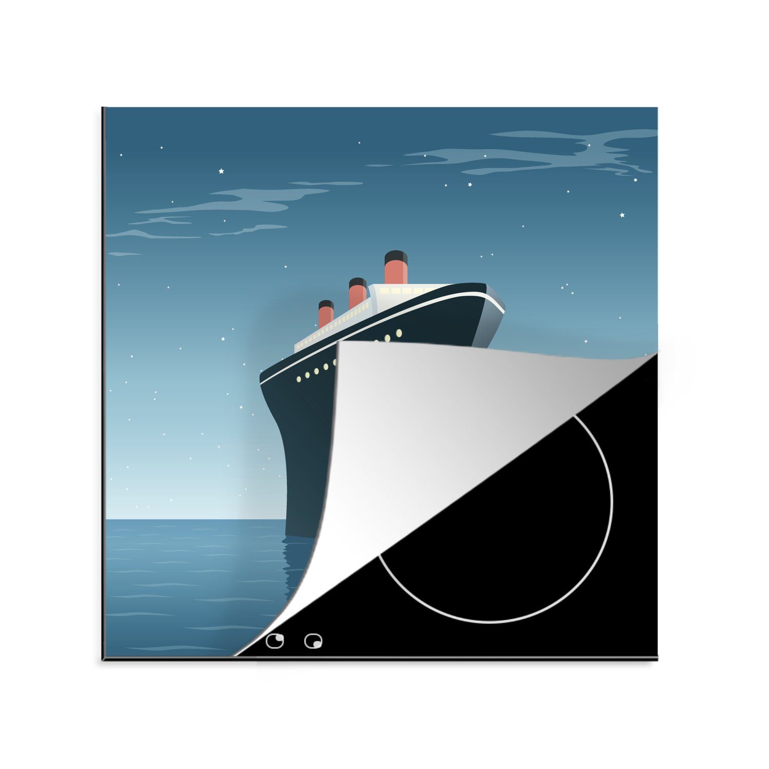 MuchoWow Herdblende-/Abdeckplatte Illustration eines Kreuzfahrtschiffs auf offener See, Vinyl, (1 tlg), 78x78 cm, Ceranfeldabdeckung, Arbeitsplatte für küche