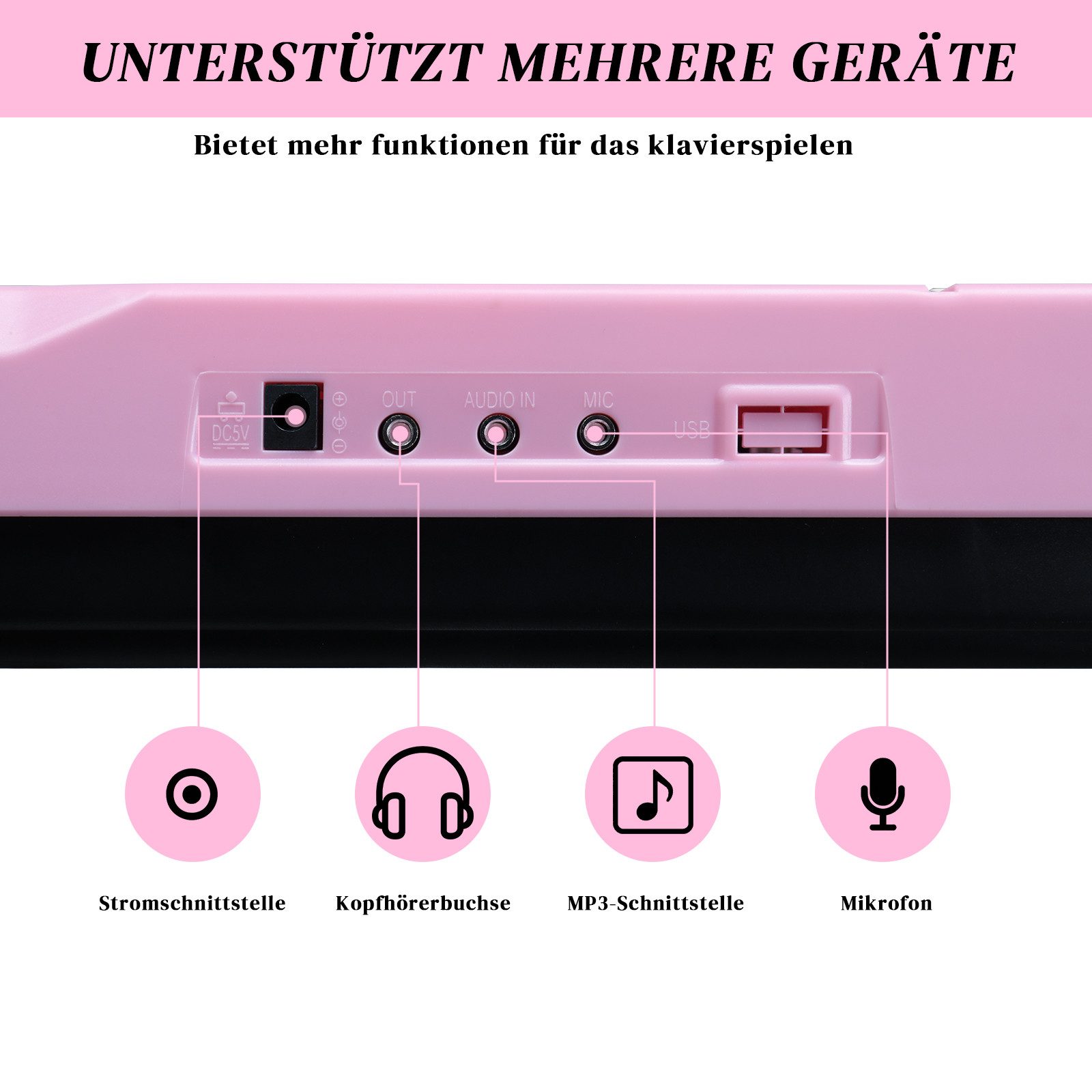 VINGLI Digitalpiano 61-Tasten Keyboard Piano Set mit Klavierständer, Klavierhocker, tragbar, LED-Bildschirm, 3 Lehrmodi, Schwarz/Weiß/Rosa – Bild 4 von 5