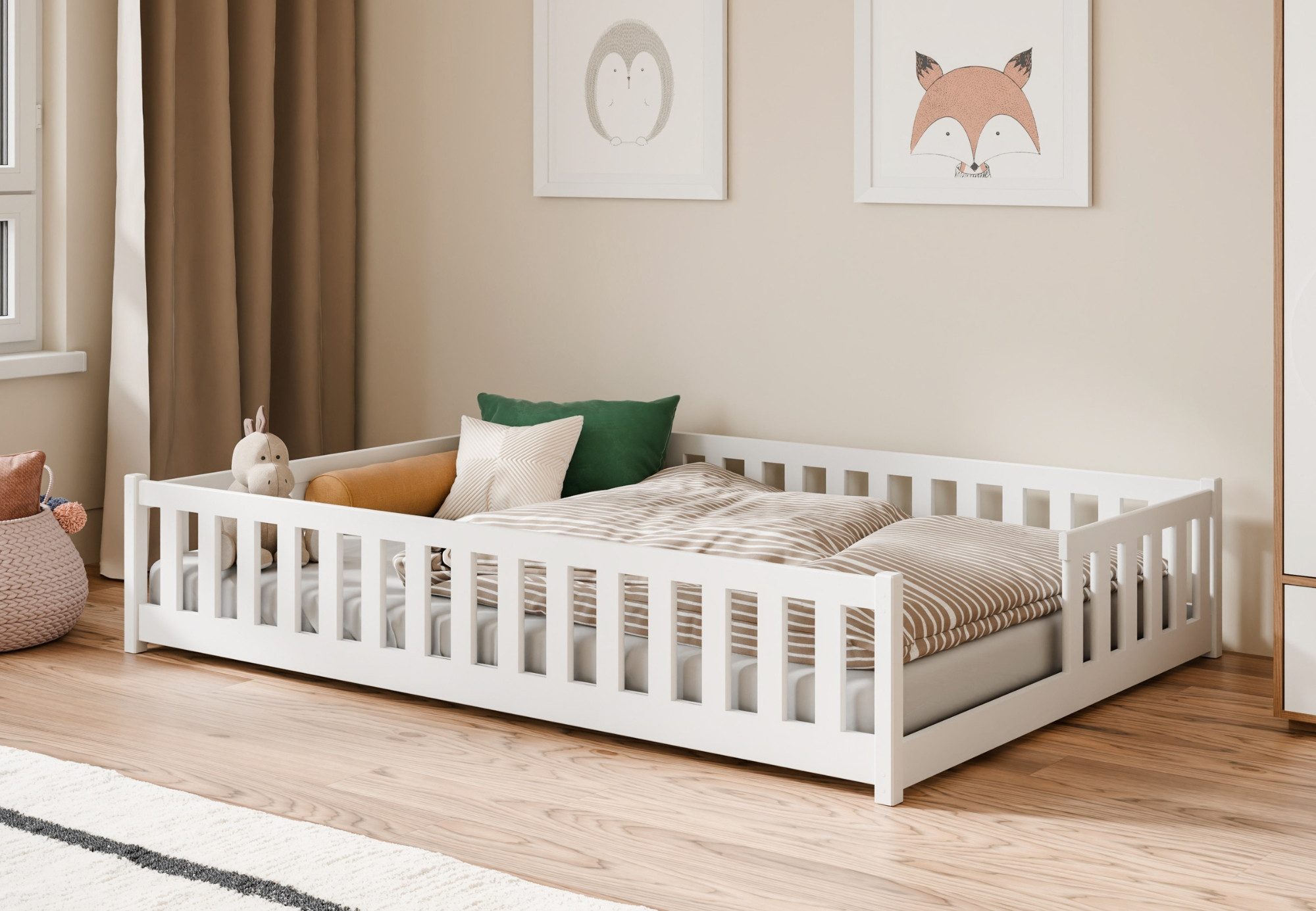 Kids Collective Kinderbett Bodenbett mit Rausfallschutz & Lattenrost Montessori Betten Kinder (Verfügbare Größen: 80 x 160, 80 x 180, 90 x 190, 90 x 200, 120 x 200, 140 x 200 cm), Jugendbett Einzelbett Kiefer Weiß 140x200 cm