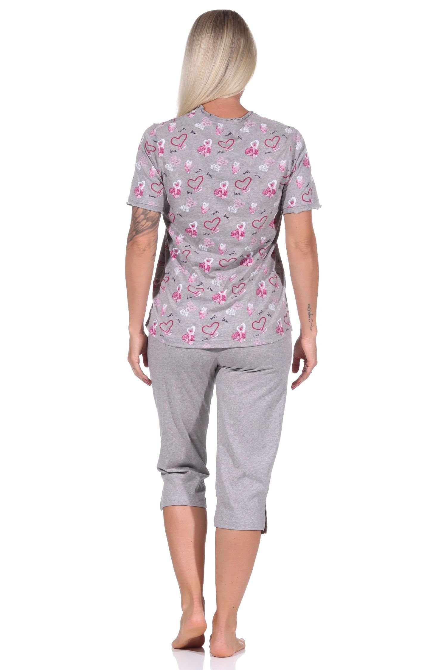Normann Pyjama Damen kurzarm Übergrößen Schlafanzug in in grau-melange Herz auch Capri Optik 