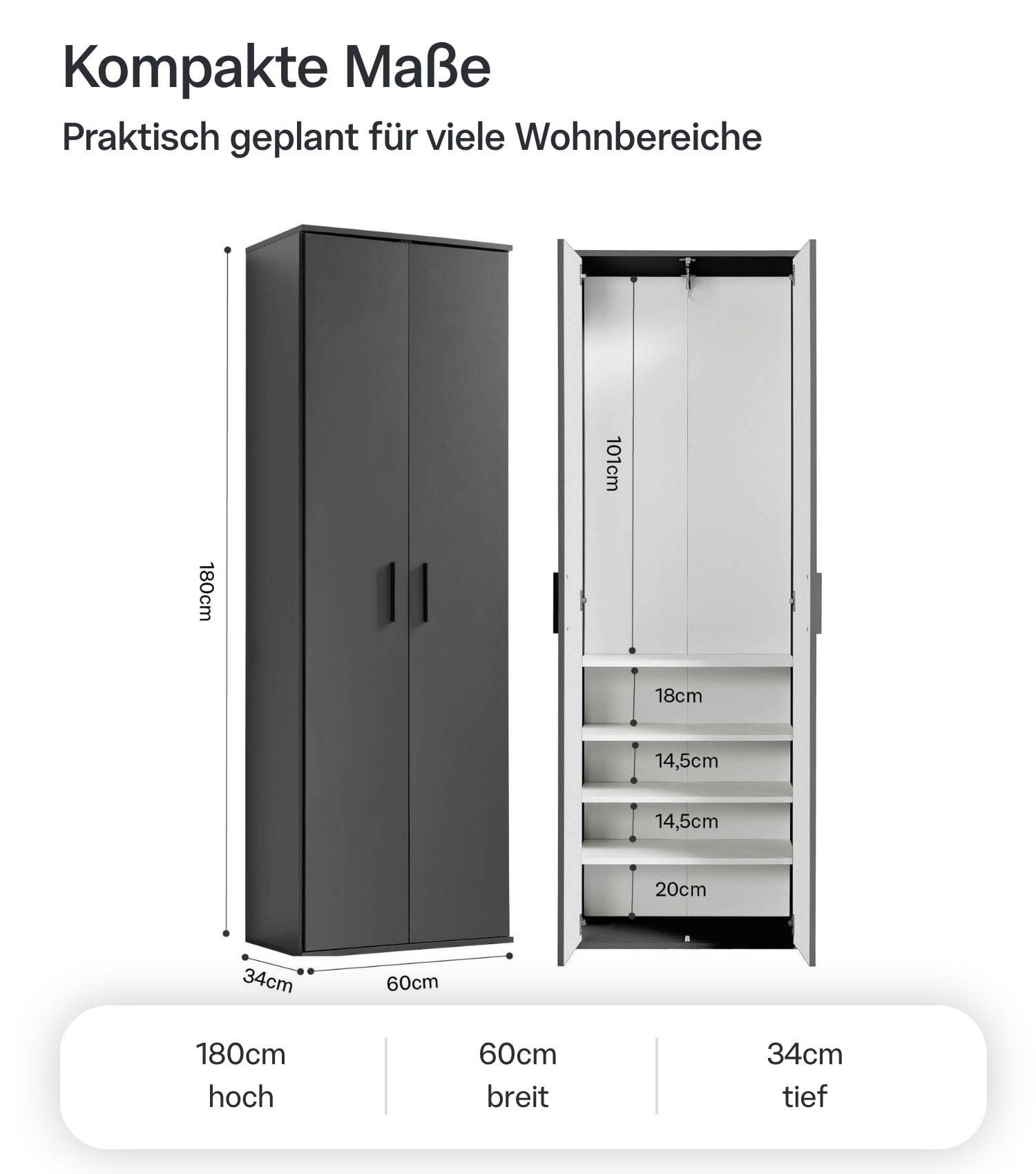 mokebo Mehrzweckschrank Der Lange (60x180 cm, mit einer Kleiderstange & Schuhfächern) Made in Germany, Garderobenschrank, Schuhschrank in Anthrazit – Bild 4 von 5