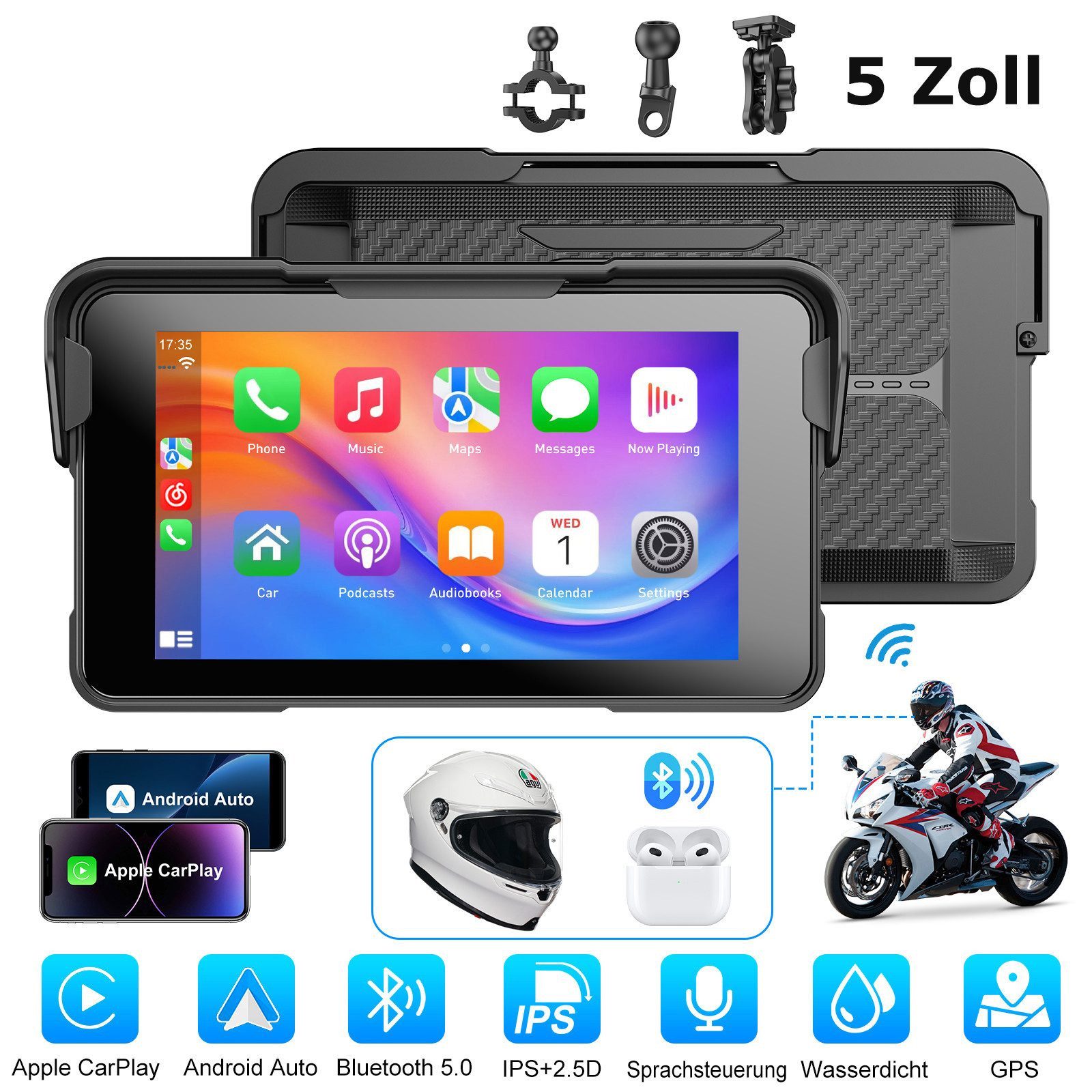 ESSGOO 5'' Touchscreen-GPS-Navigationssystem Motorrad-Carplay,wasserdicht Motorrad-Navigationsgerät (Bluetooth)