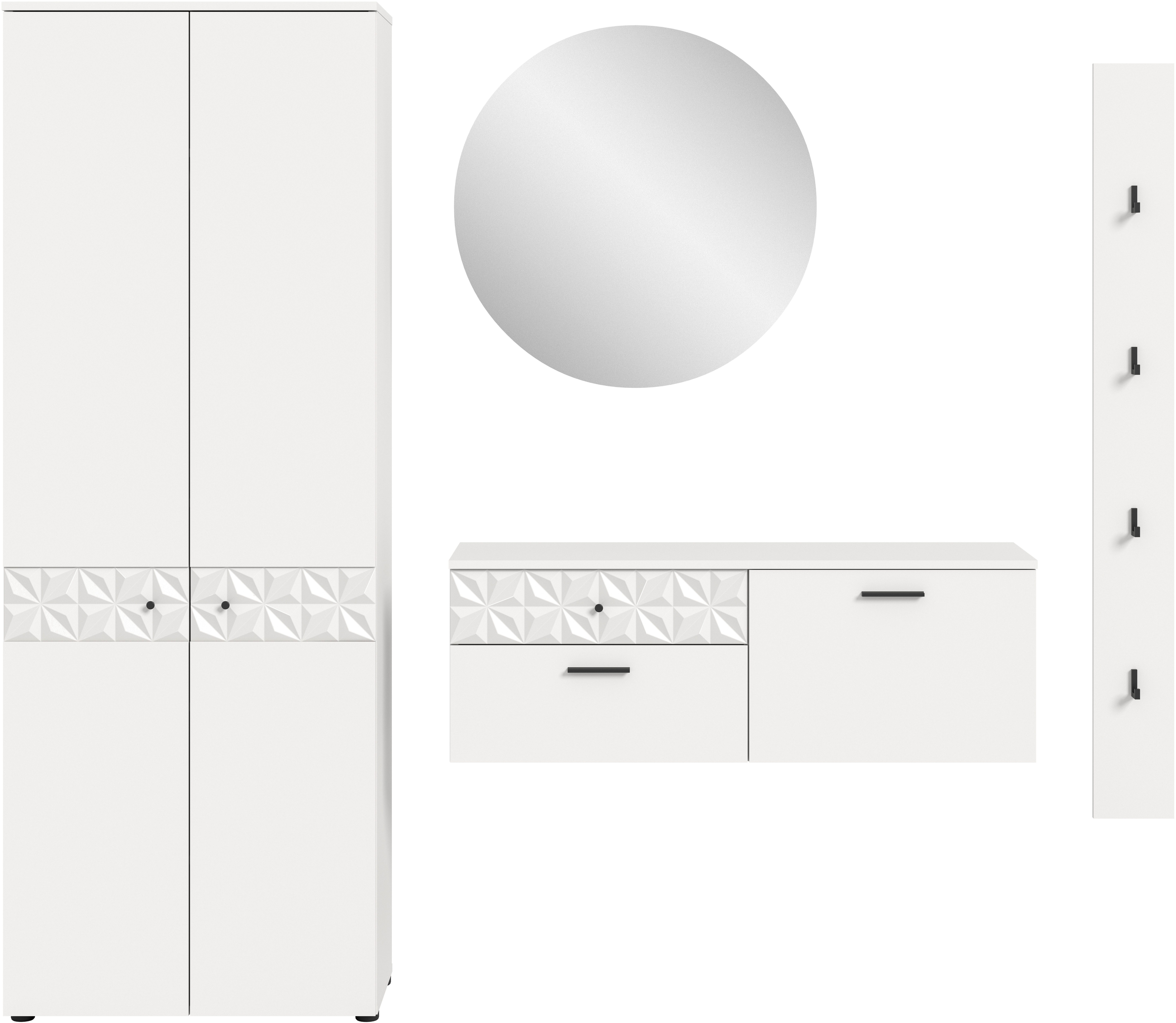 INOSIGN Garderoben-Set VICENZA, 4-tlg., mit foraler Ornamentabsetzung in der Front, (4-St), best. aus.: Garderobenschrank, Schuhschrank, Spiegelschrank & Paneel