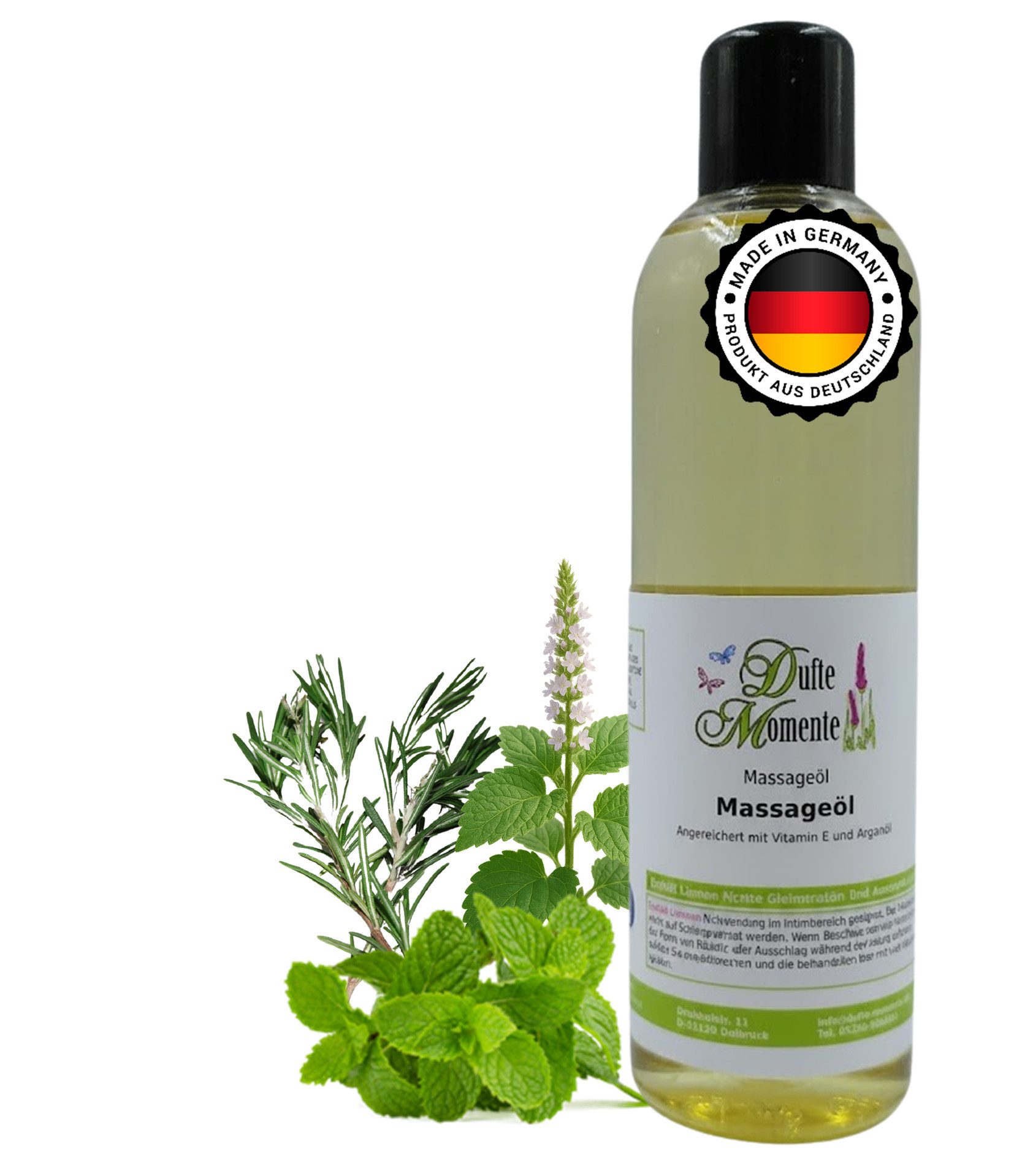 Dufte Momente Massageöl Sportmassageöl "Davor" (Minze, Patschuli, Rosmarin) 250ml - 3 L, hochwertige Pflanzenöle als Basis, vegan und ohne Tierversuche