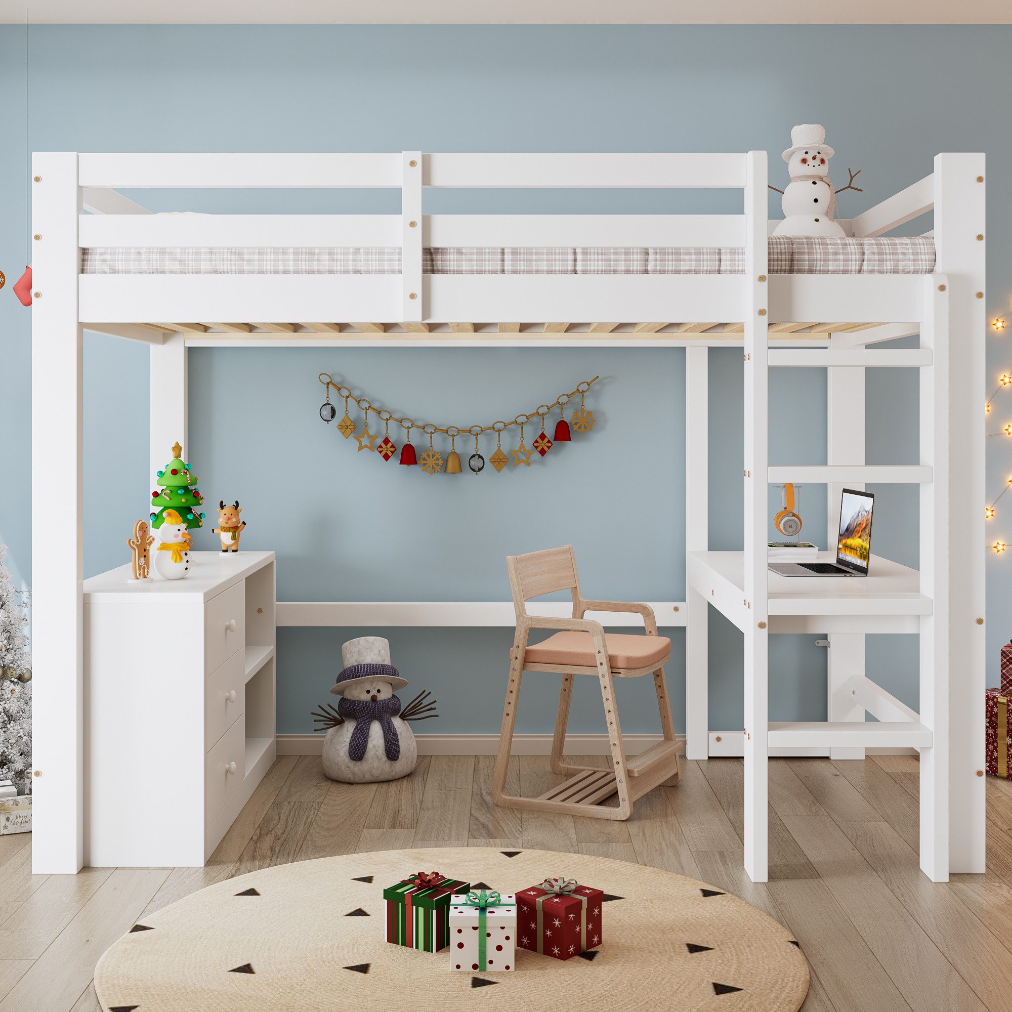 Merax Hochbett 90x200cm mit integriertem Schreibtisch (1-St., Jugendbett Einzelbett) Kiefer Kinderbett mit Schubladenschrank, Aufbewahrungsregal & Leiter