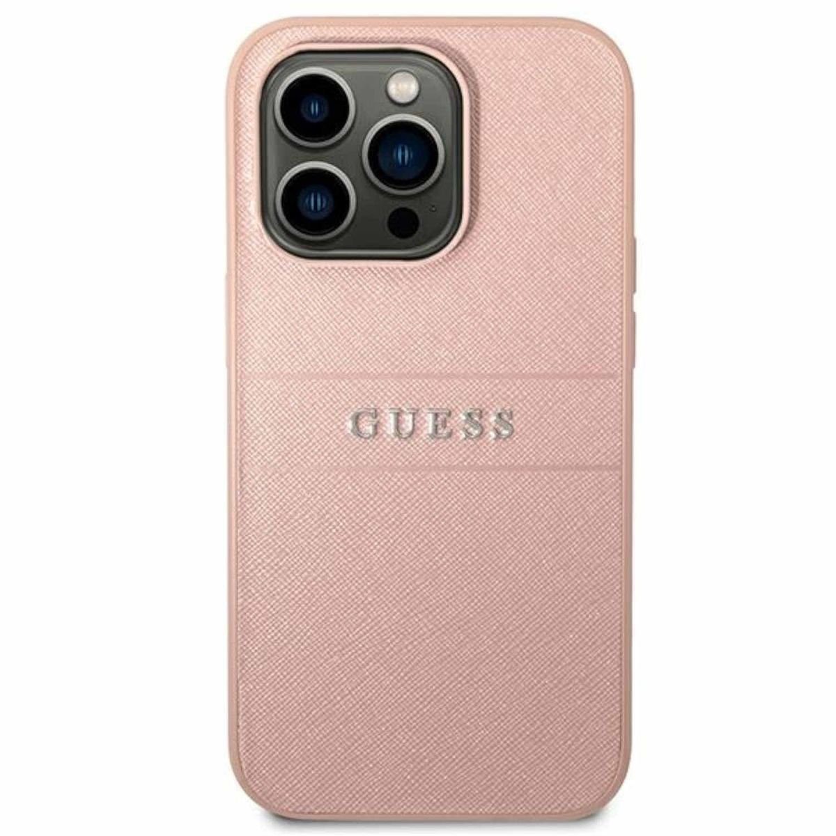 Guess Handyhülle Guess Saffiano Strap Collection Apple iPhone 14 Pro Max Hard Case Cover Schutzhülle Pink