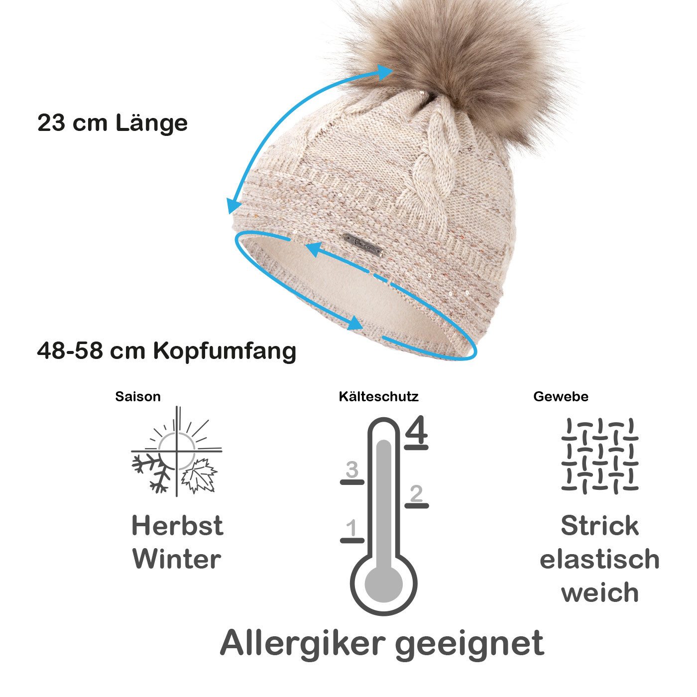 Faera Bommelmütze Wintermütze Damen Herren Mütze Beanie Haube gefüttert Bommelmütze