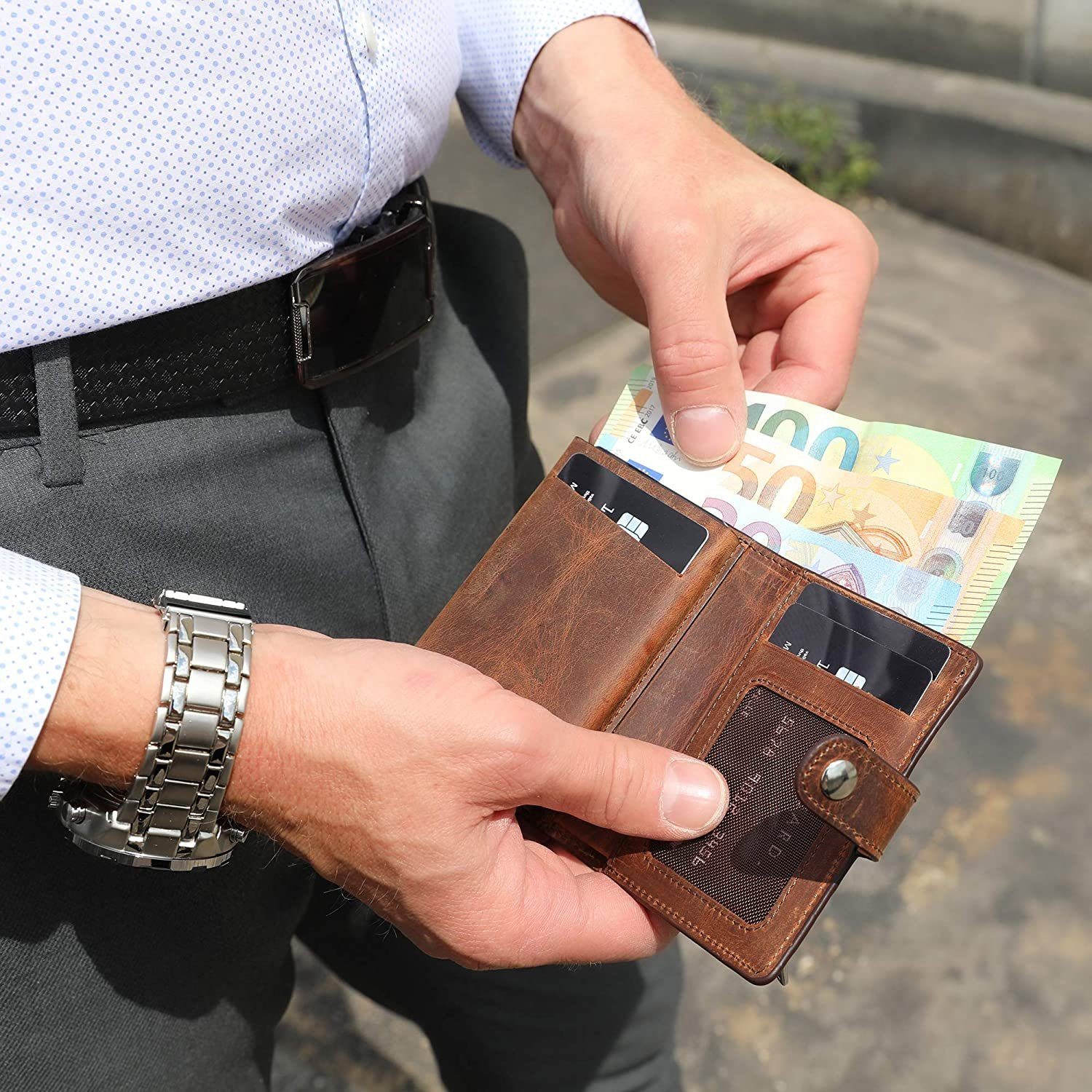 Solo Pelle Mini Geldbörse Q-Wallet in Schutz Leder Vintage Leder, mit mit 15 RFID Europe, in Echt Geldbörse Made Kartenetui Karten, Braun integriertem Design für elegantem