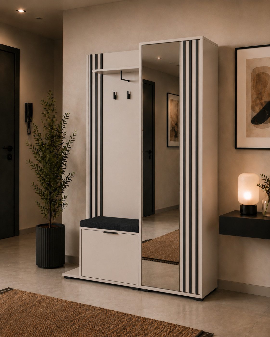 MOEBLO Kompaktgarderobe JOHN (Dielenschrank Wandschrank Regal Diele & Flur Kleiderschrank Schuhschrank, mit Spiegel Flurgarderobe Schrank Kompaktgarderobe), (BxHxT): 135x197x34cm