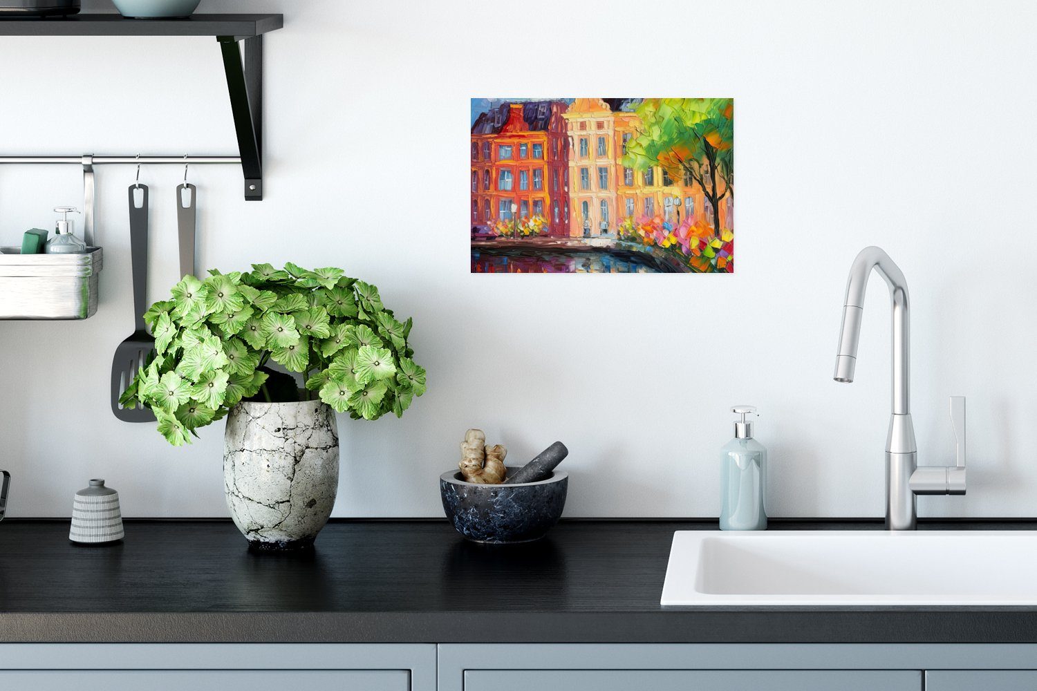 Wohnzimmer, (1 - - Poster, Poster St), Kunst Wandposter für - Amsterdam MuchoWow Ohne Rahmen Wandbild, Ölgemälde Farbenfroh,