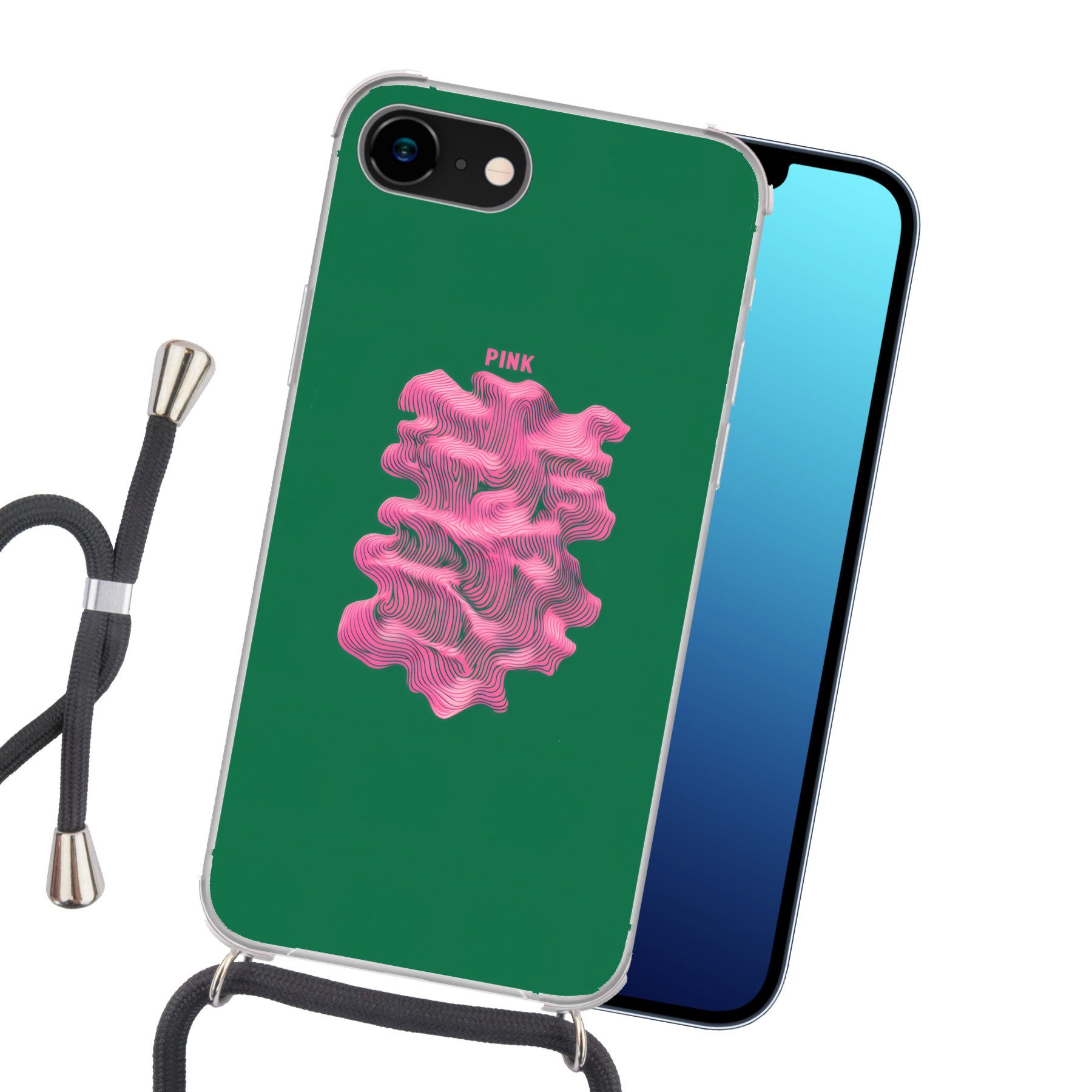 MuchoWow Handyhülle für Apple iPhone 8 Abstrakt - Rosa - Linien - Grün, Tragbare Handyhüllen mit Kette zum umhängen, Handykette Handyband