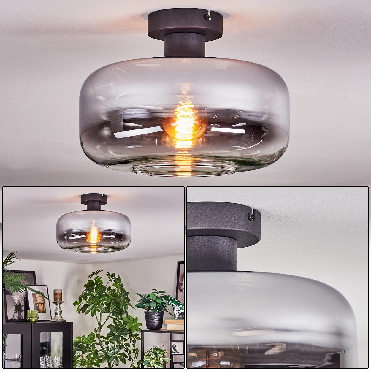 hofstein Deckenleuchte Deckenlampe aus Metall/Glas in Schwarz/Chrom/Rauch/Klar, Deckenleuchte im Retro/Vintage-Design (Schirm Ø 28 cm), E27