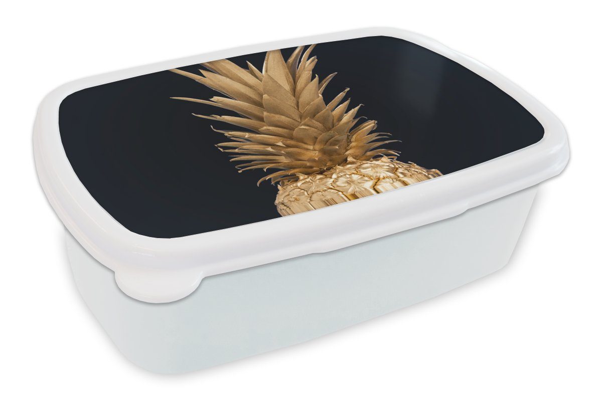 MuchoWow Lunchbox Ananas - Gold - Farbe - Schwarz - Obst - Luxus, Kunststoff, (2-tlg), Brotbox für Kinder und Erwachsene, Brotdose, für Jungs und Mädchen weiß