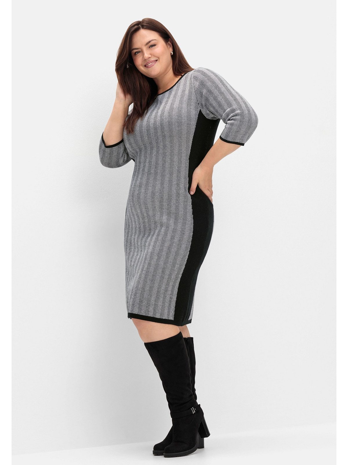 Sheego Strickkleid Große Größen im Fischgrätmuster, mit Kontrastdetails