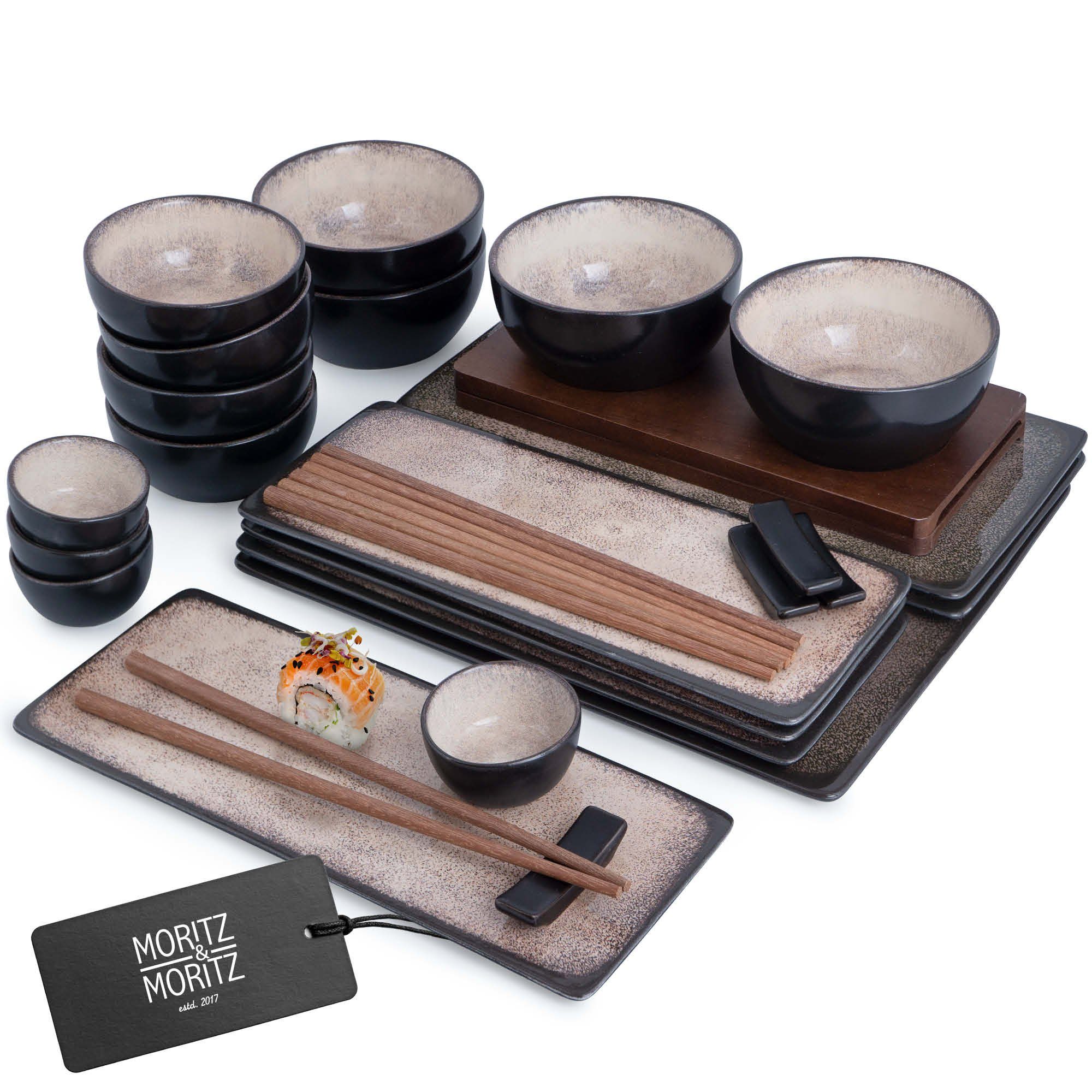 Moritz & Moritz Tafelservice Sushi Geschirr Set Beige, Porzellan,  Sandelholz, für 4 Personen - 29 Teile