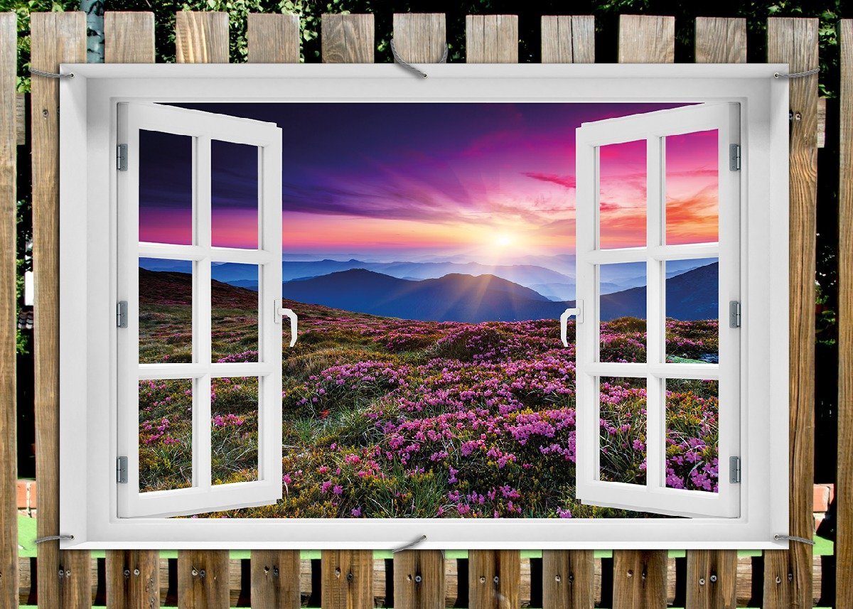 Thumbnail - Wallario Sichtschutzzaunmatten Blumenbedeckte Wiese bei Sonnenuntergang, mit Fenster-Illusion