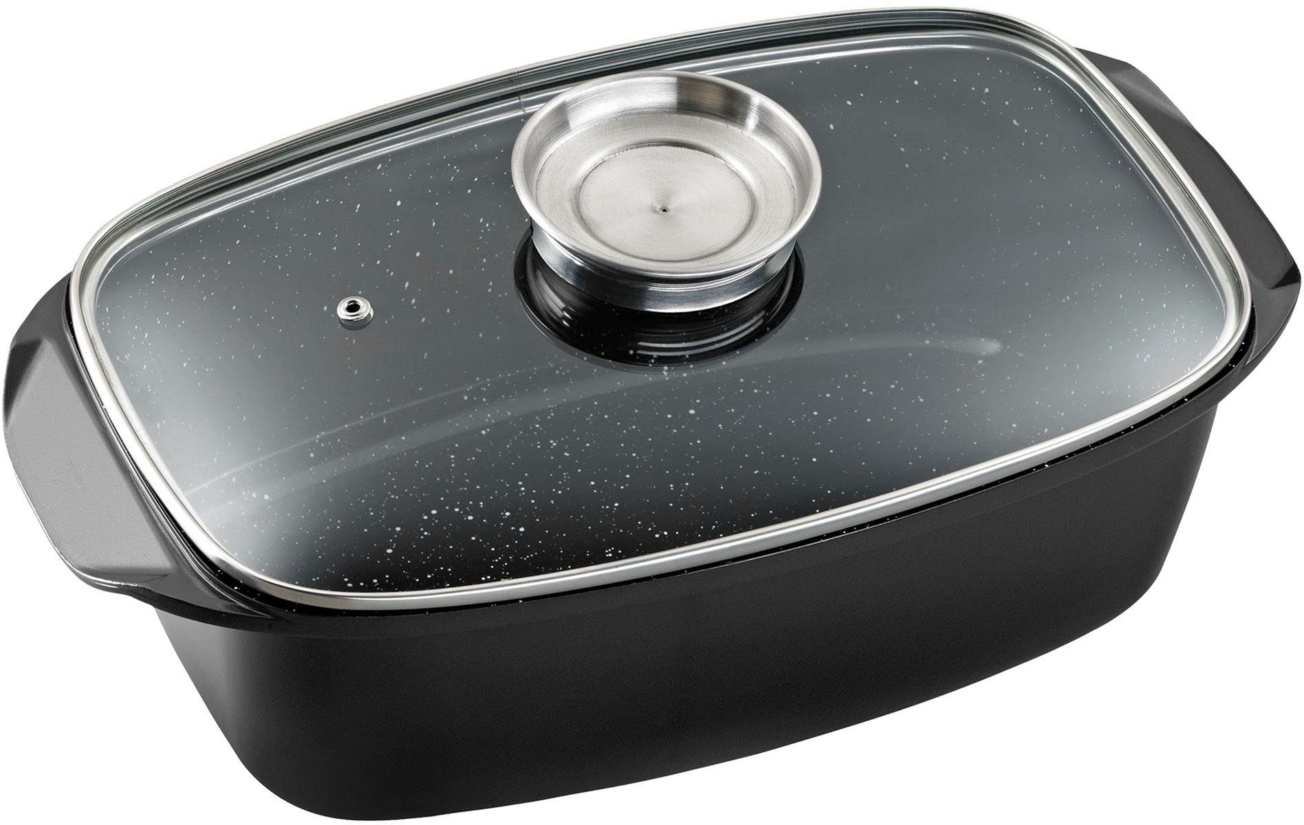 KING Bräter 5 Liter, Aluminiumguss, Aromaknopf, Induktion, mit Glasdeckel, Antihaft-Keramikbeschichtung