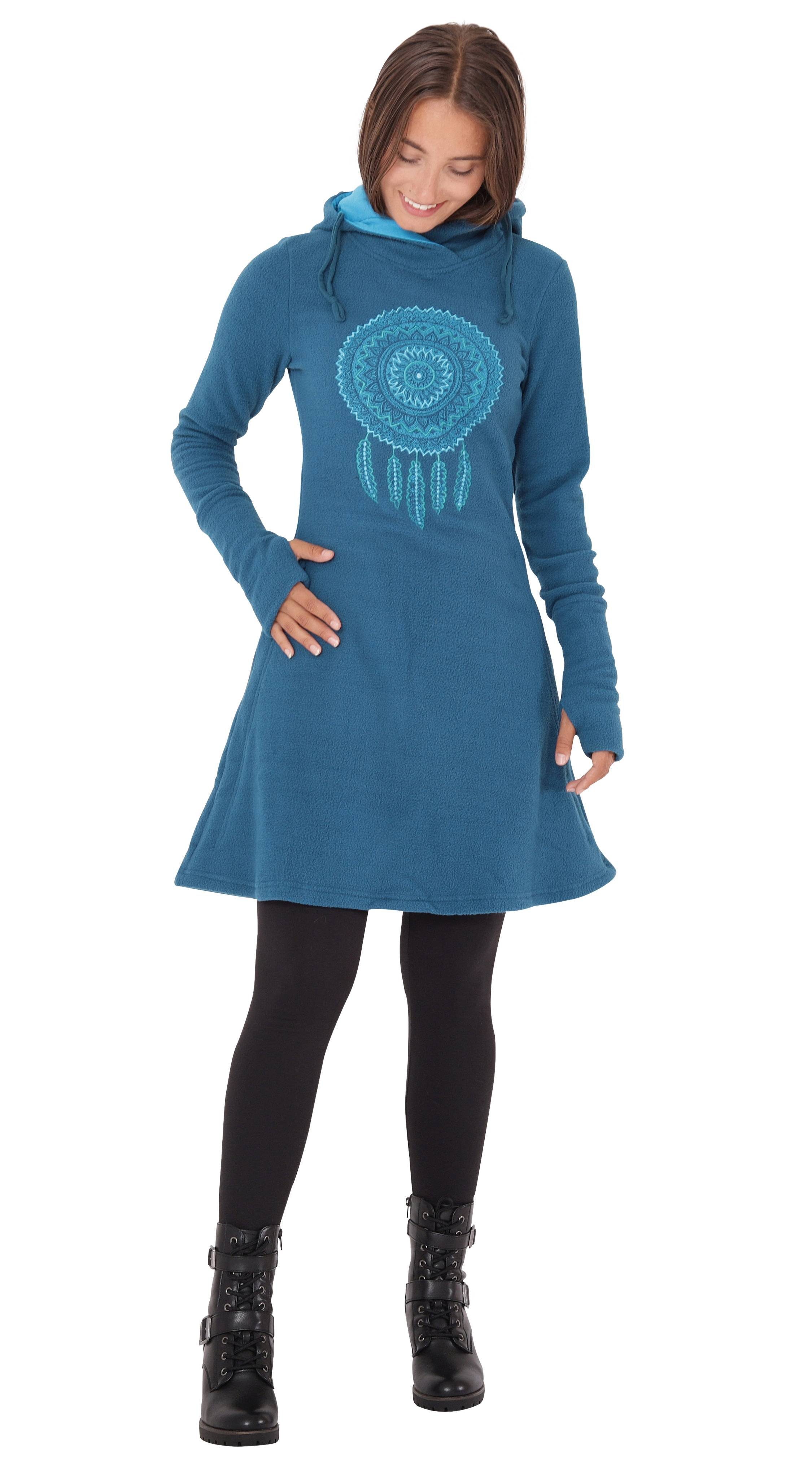 Blau Fleece mit Traumfänger Winterkleid Kapuzenkleid dr31 A-Linien-Kleid PUREWONDER