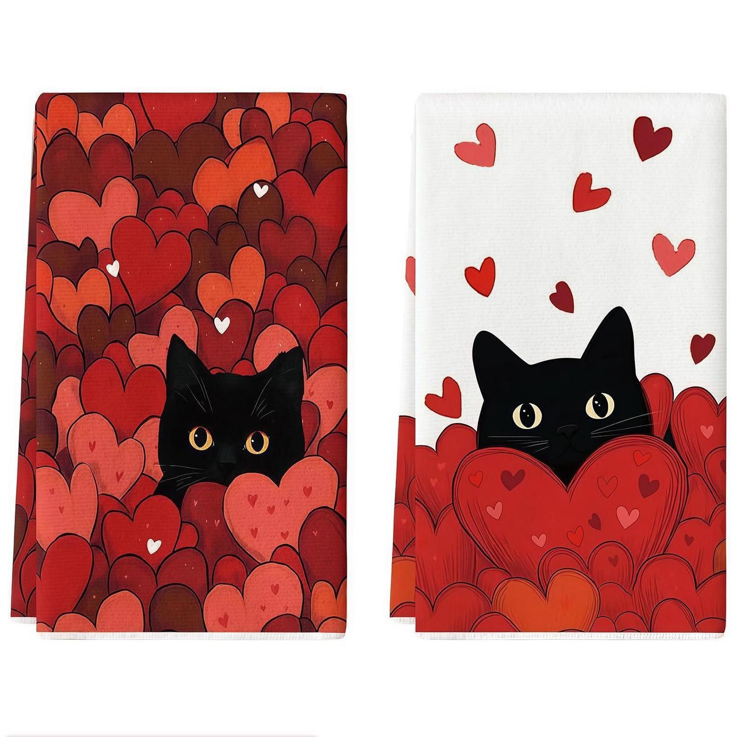 LuxusKollektion Küchenhandtücher 2er Set Katzen Herzen 45x66cm Mikrofasertuch (Textil, 45x66 cm, 2-tlg)