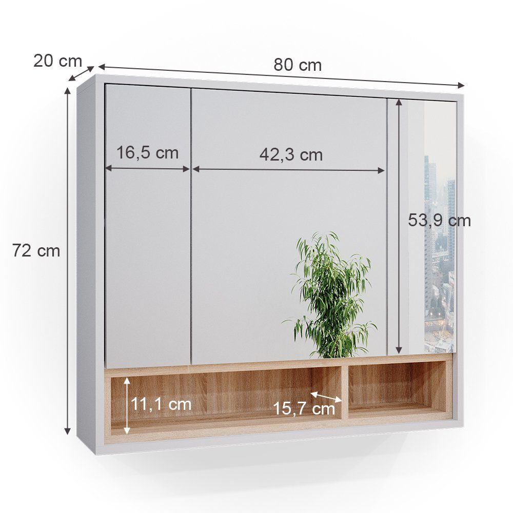 Vicco Badezimmerspiegelschrank Beatrice, Weiß/Sonoma, 80 x 72 cm (1-St)