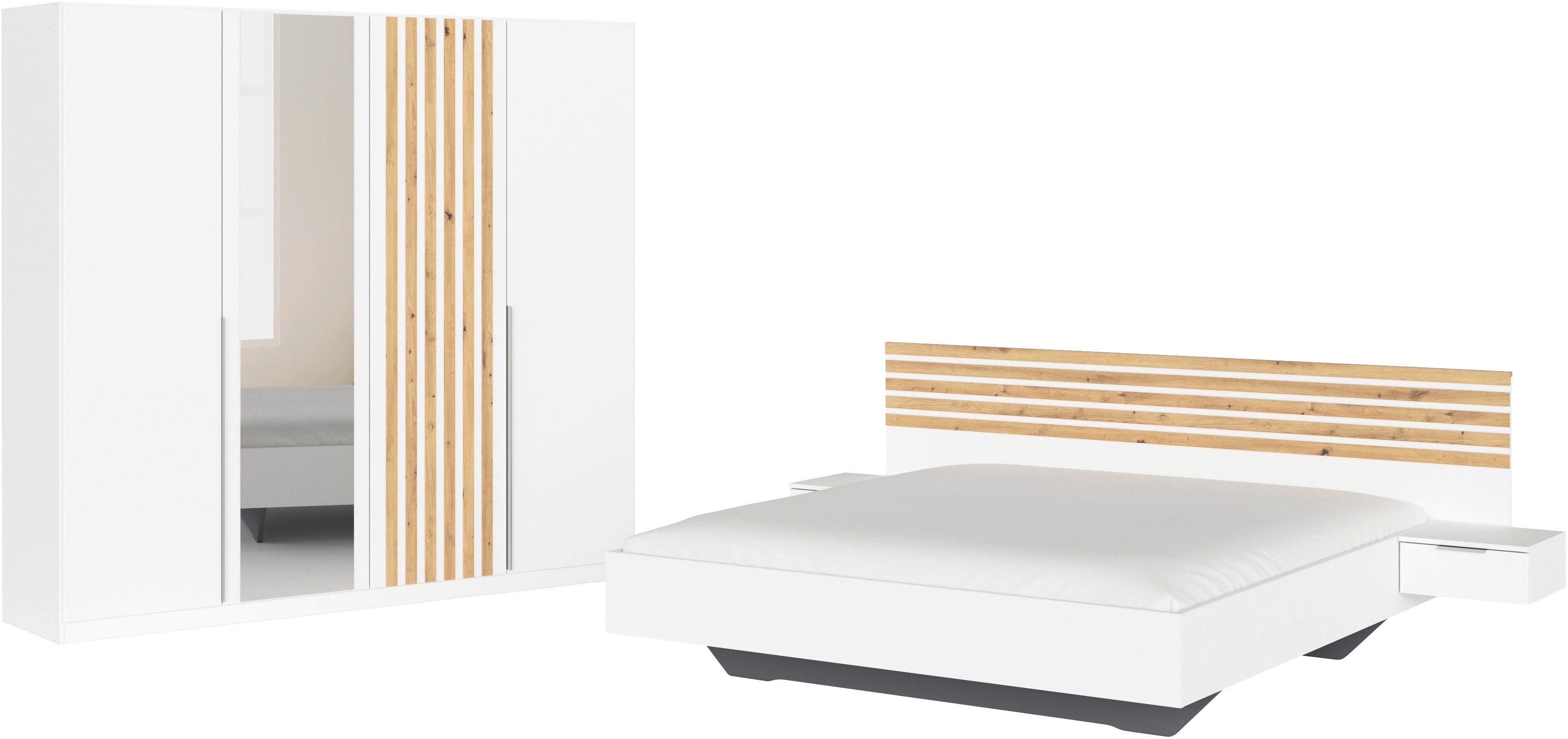 rauch Schlafzimmer-Set Komplettzimmer Komplett Set Schrank 226 cm Bett 160/180 cm LAMELLA, (Set, 4-tlg., 3 verschiedene Ausstattungen BASIC/CLASSIC/PREMIUM (inkl. SOFT-CLOSE), elegante Lamellen-Auflage in 3D Akustikpaneel Optik MADE IN GERMANY