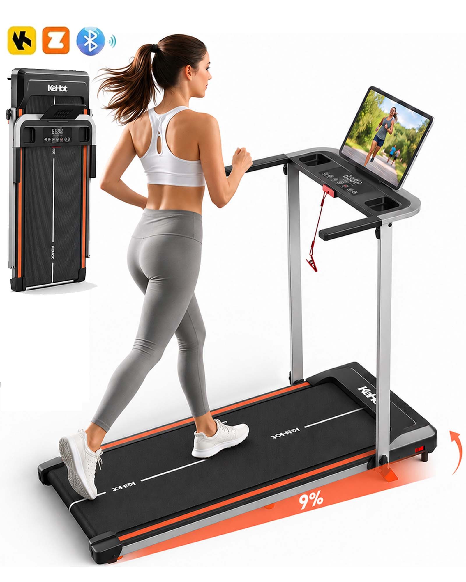 kehot Laufband Laufband mit 9% Steigung, klappbar und leise für Heimtraining (2.5HP Motor, 1–12 km/h, großes LED-Display für Zeit, Distanz, Kalorien, Kompatibel mit APPs: EQI SPORTS, Zwift & Kinomap, Bluetooth), 40×100 cm Lauffläche, Stabil bis 125 kg, inklusive Sicherheits-Key