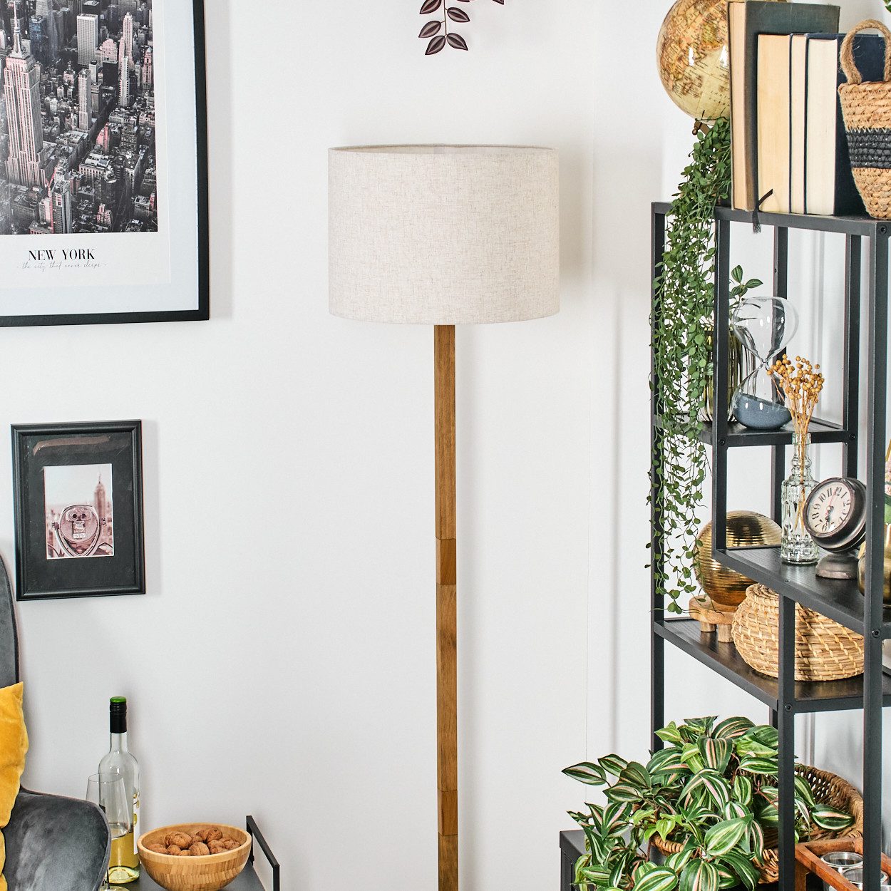 hofstein Stehlampe Stehlampe mit Holzfuß und Schirm aus Stoff, ohne Leuchtmittel, Boho-Style, skandinavisches Design (40 cm), Fußschalter, 1 x E27