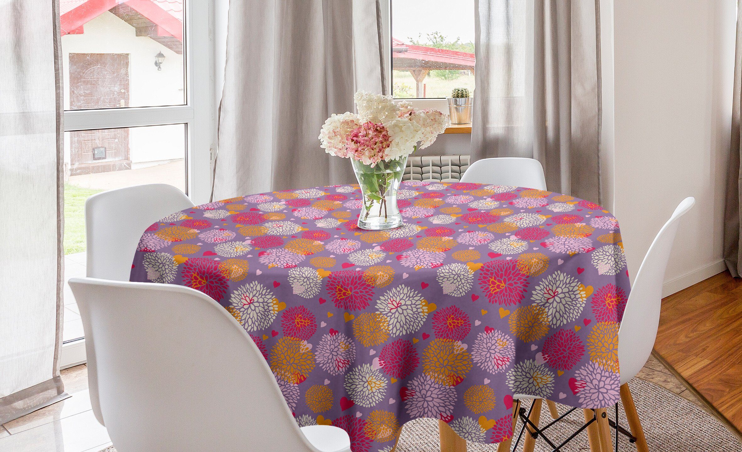 Abakuhaus Tischdecke Kreis Tischdecke Abdeckung für Esszimmer Küche Dekoration, Blumen Blühende Blumen und Herzen