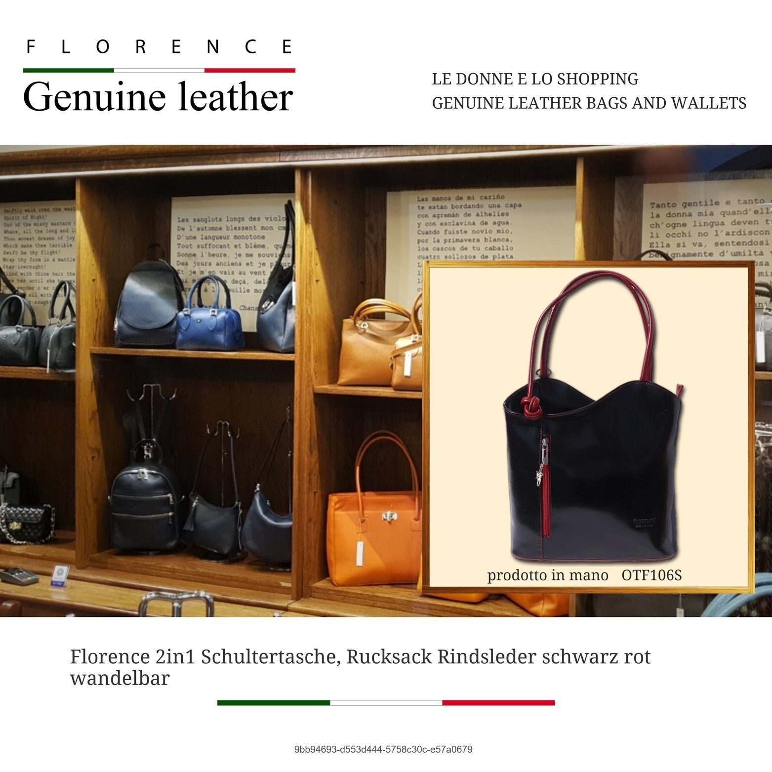 FLORENCE Schultertasche Florence 2in1 Echtleder Damentasche (Schultertasche, Schultertasche), Damen Tasche, Rucksack Echtleder schwarz, rot, Made-In Italy