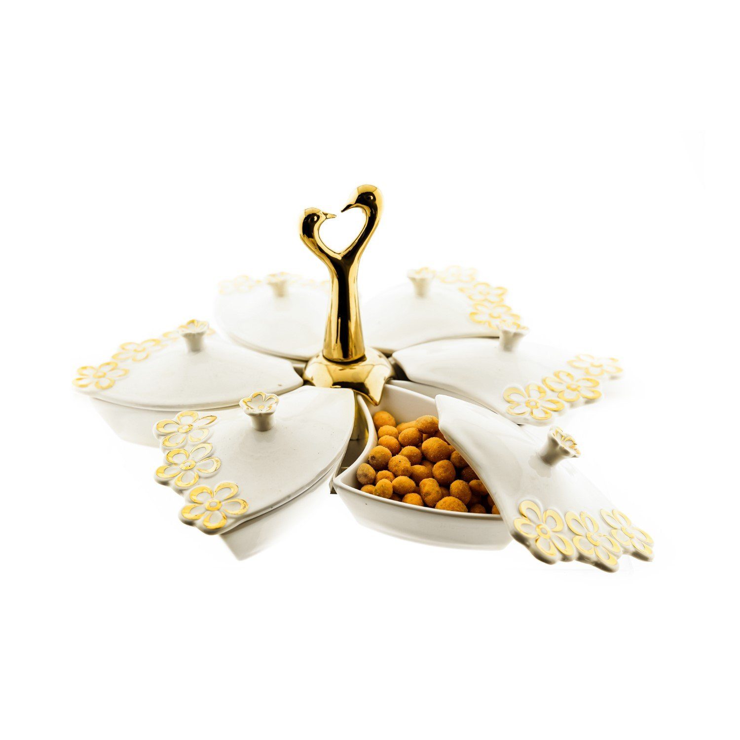 ZELLERFELD Snackschale 6-tlg Snackschalen-Set Porzellan Weiß Goldene Halterung Blumenmuster, (6-tlg)