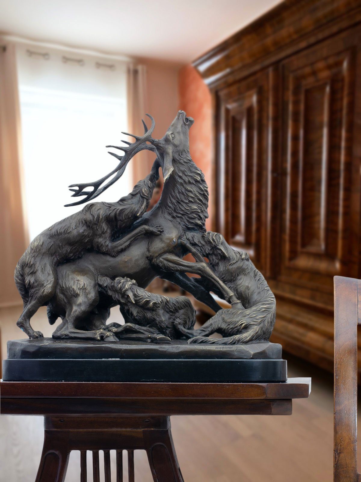 Aubaho Dekoobjekt Bronzeskulptur Hirsch Jagd im Antik-Stil Bronze Figur Statue Georges G